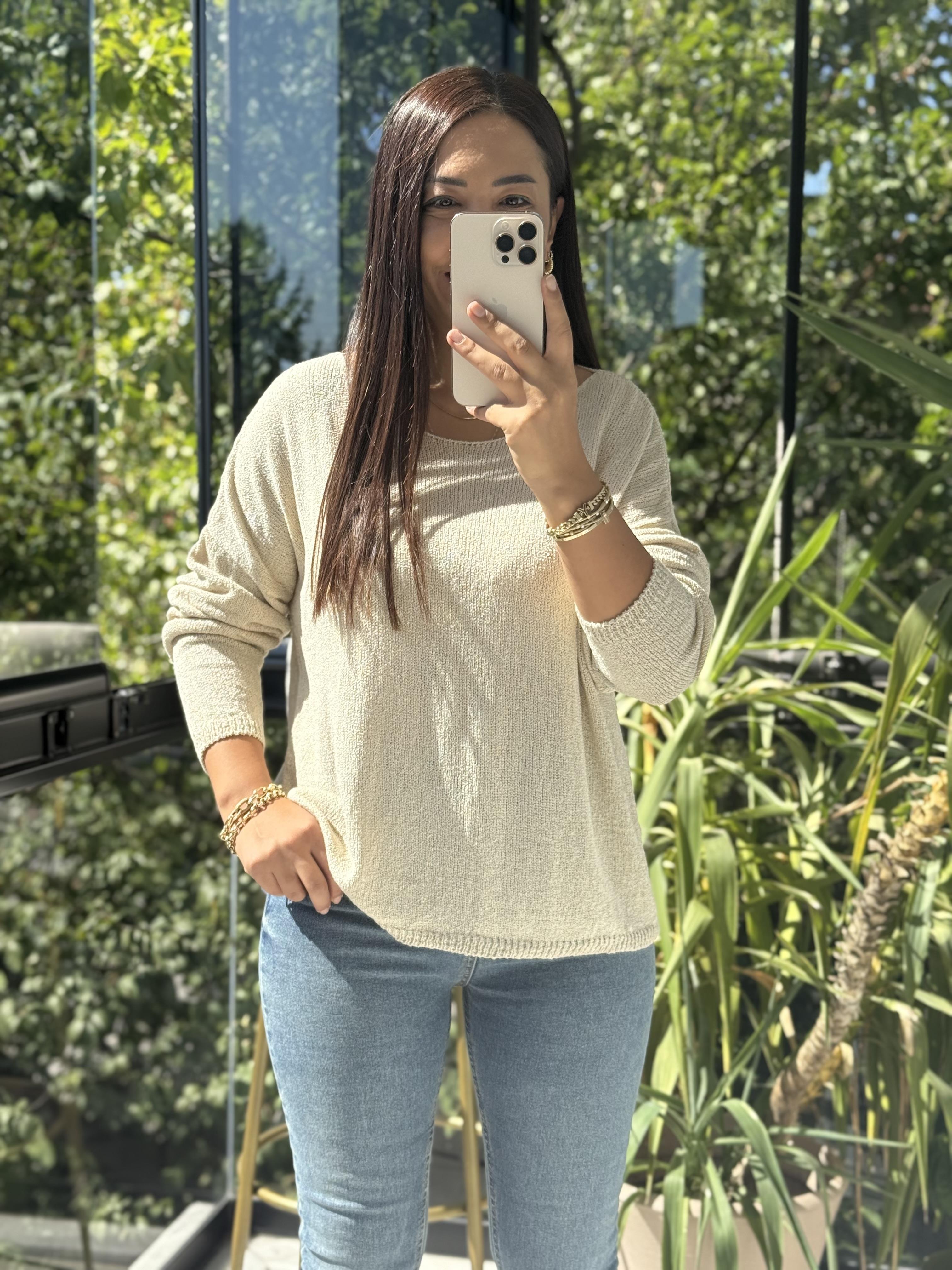 Kayık Yaka İnce Triko Bej