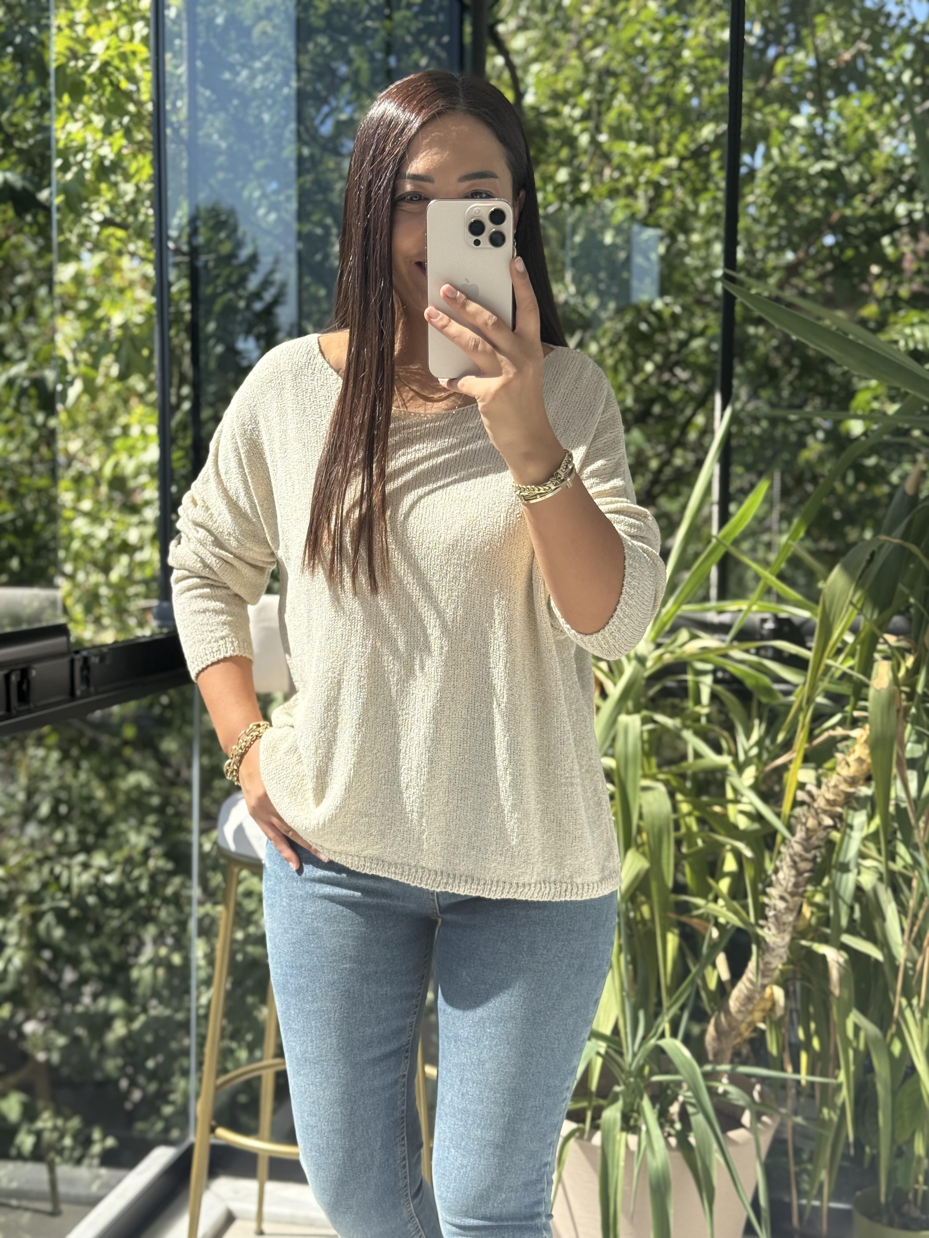 Kayık Yaka İnce Triko Bej