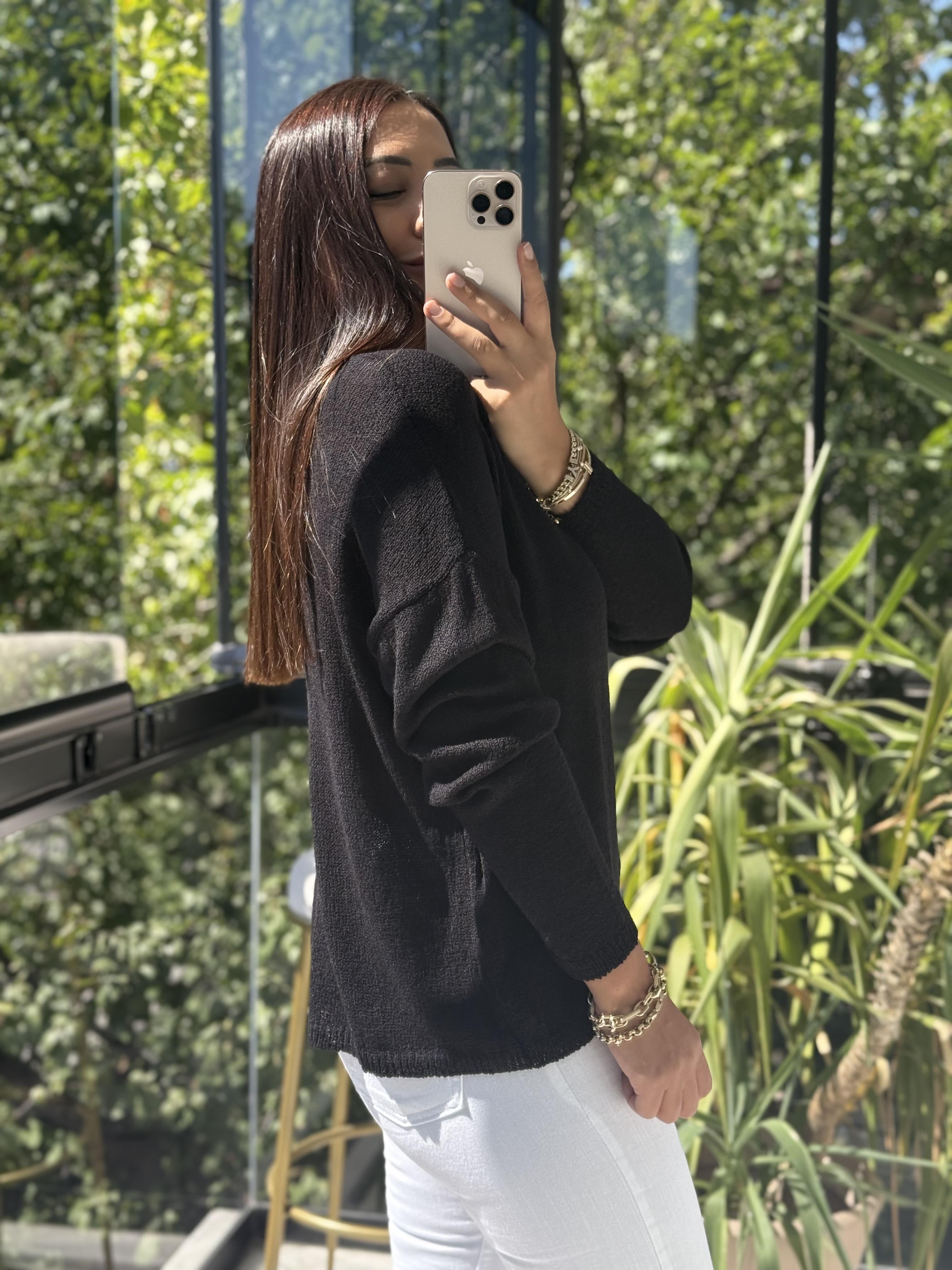 Kayık Yaka İnce Triko Siyah