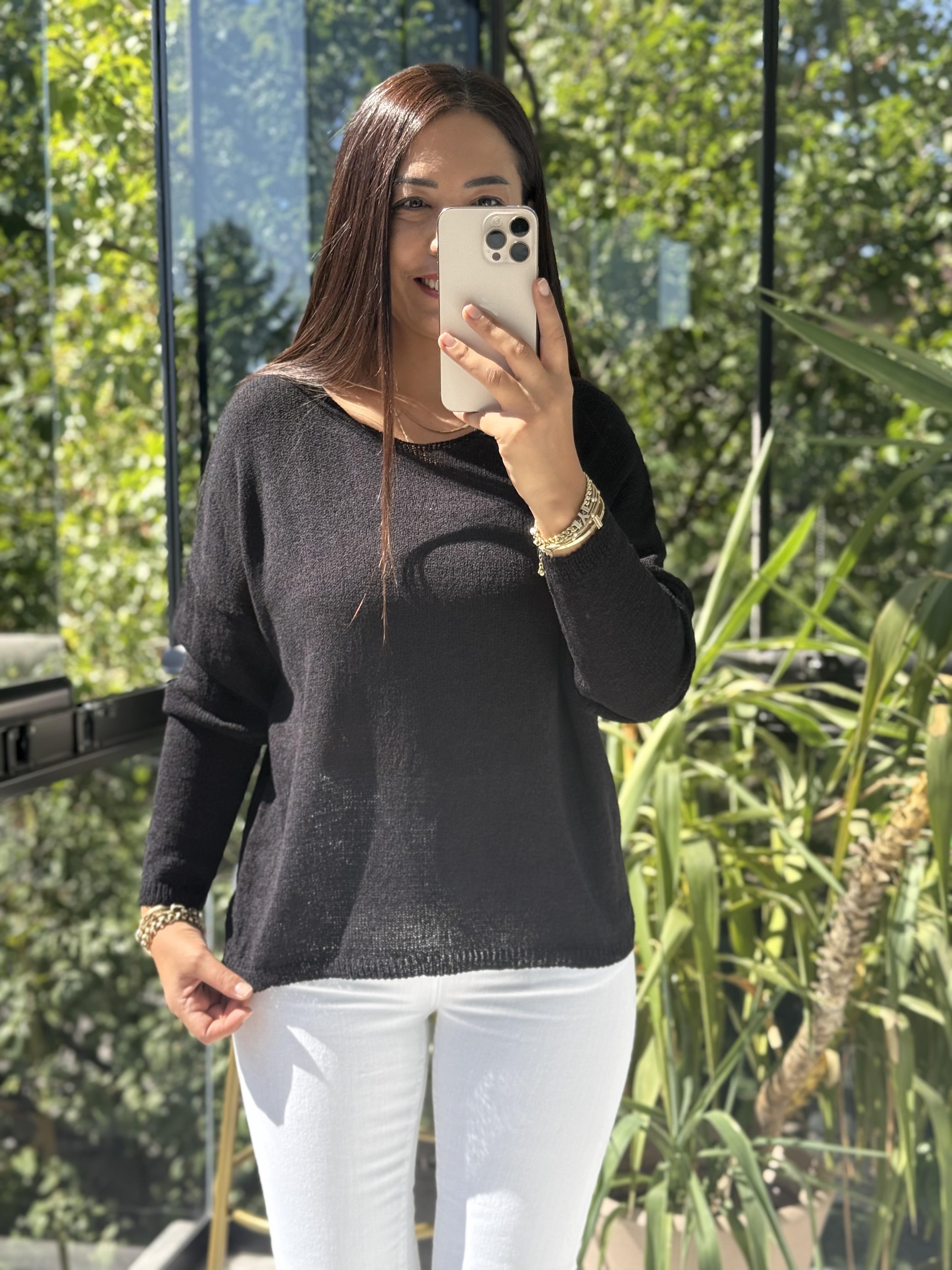 Kayık Yaka İnce Triko Siyah