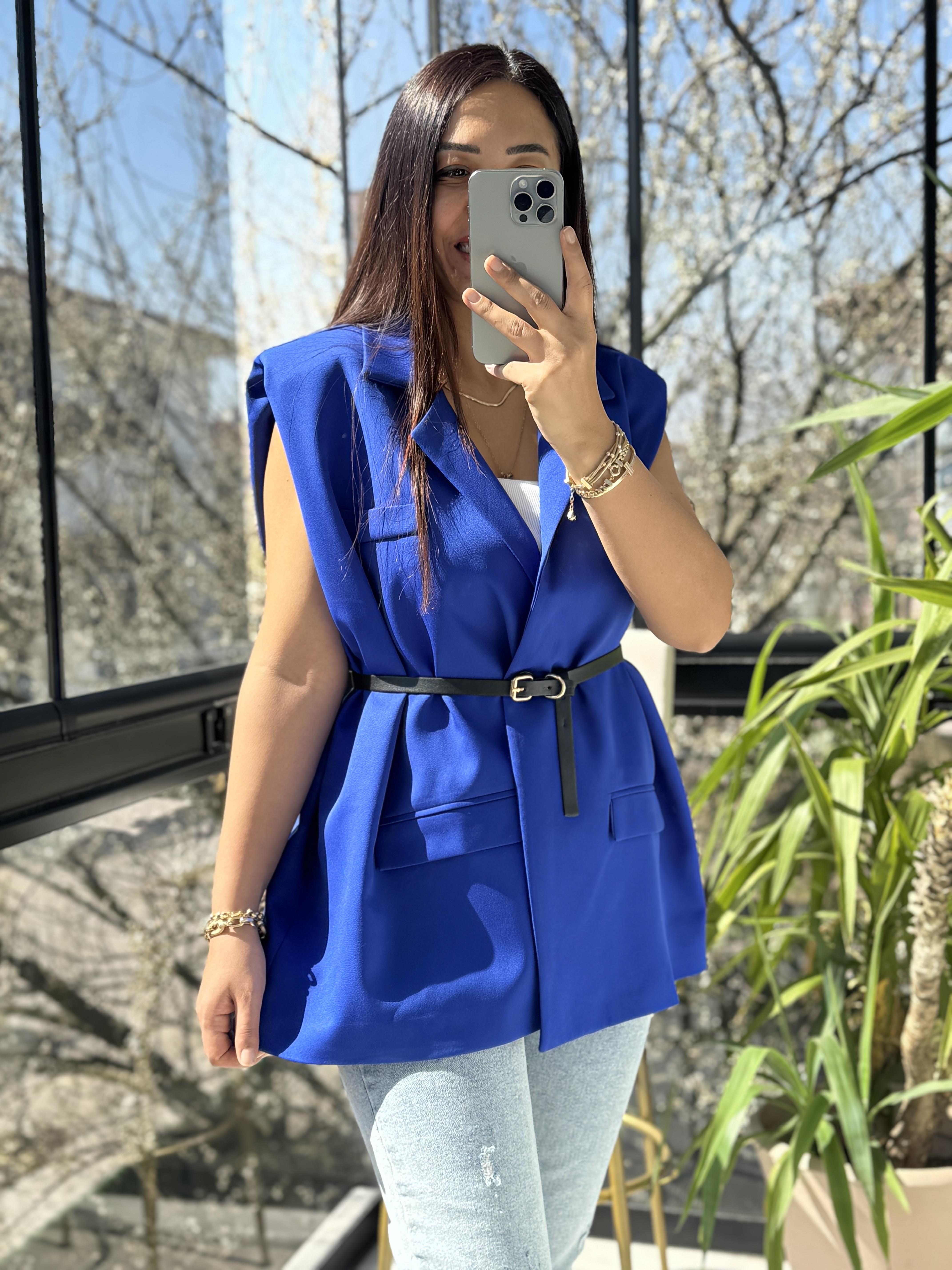 Kemerli Zra Model Yelek Sax Mavi