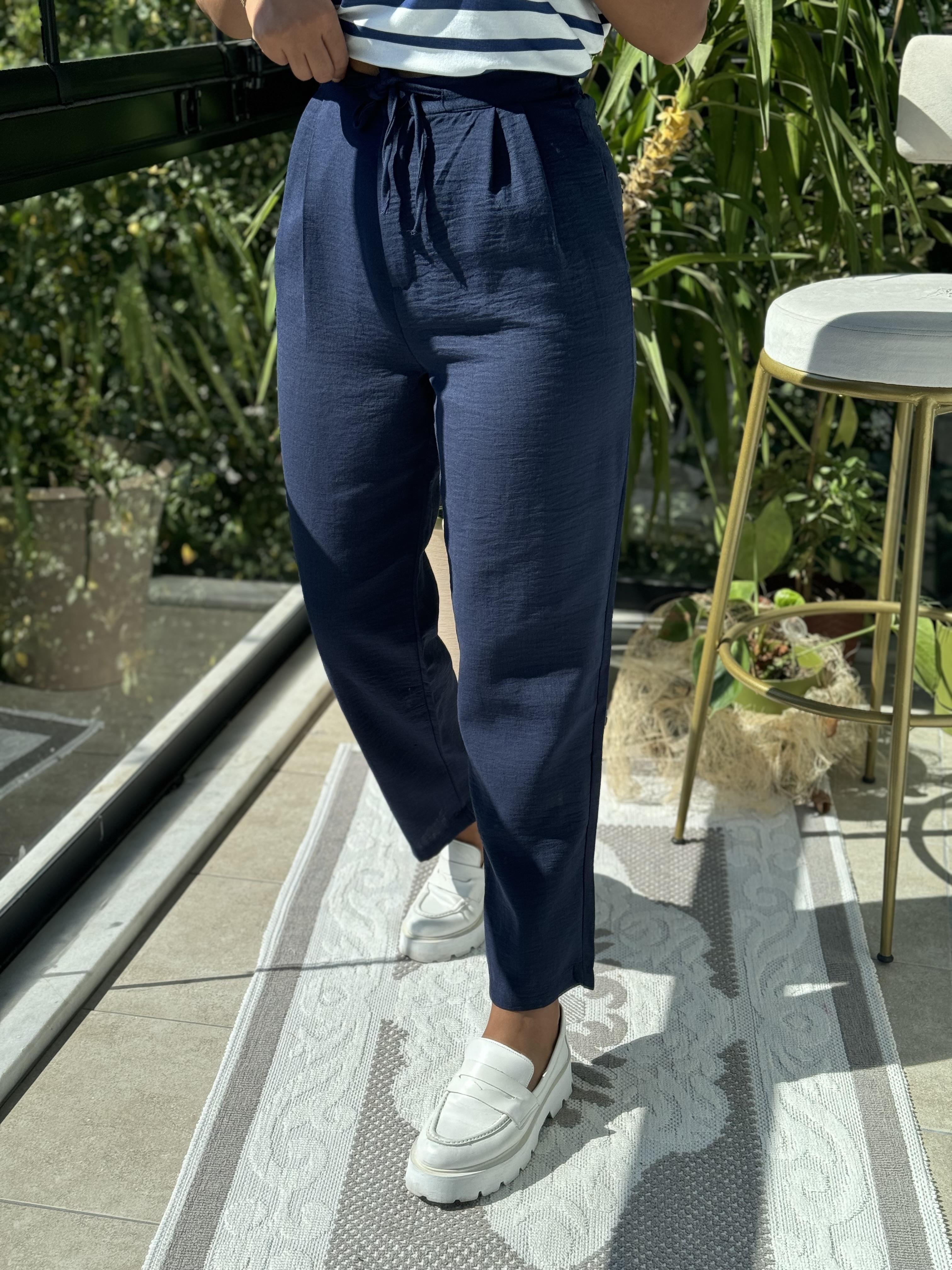 Keten Beli Bağcıklı Pantolon Lacivert