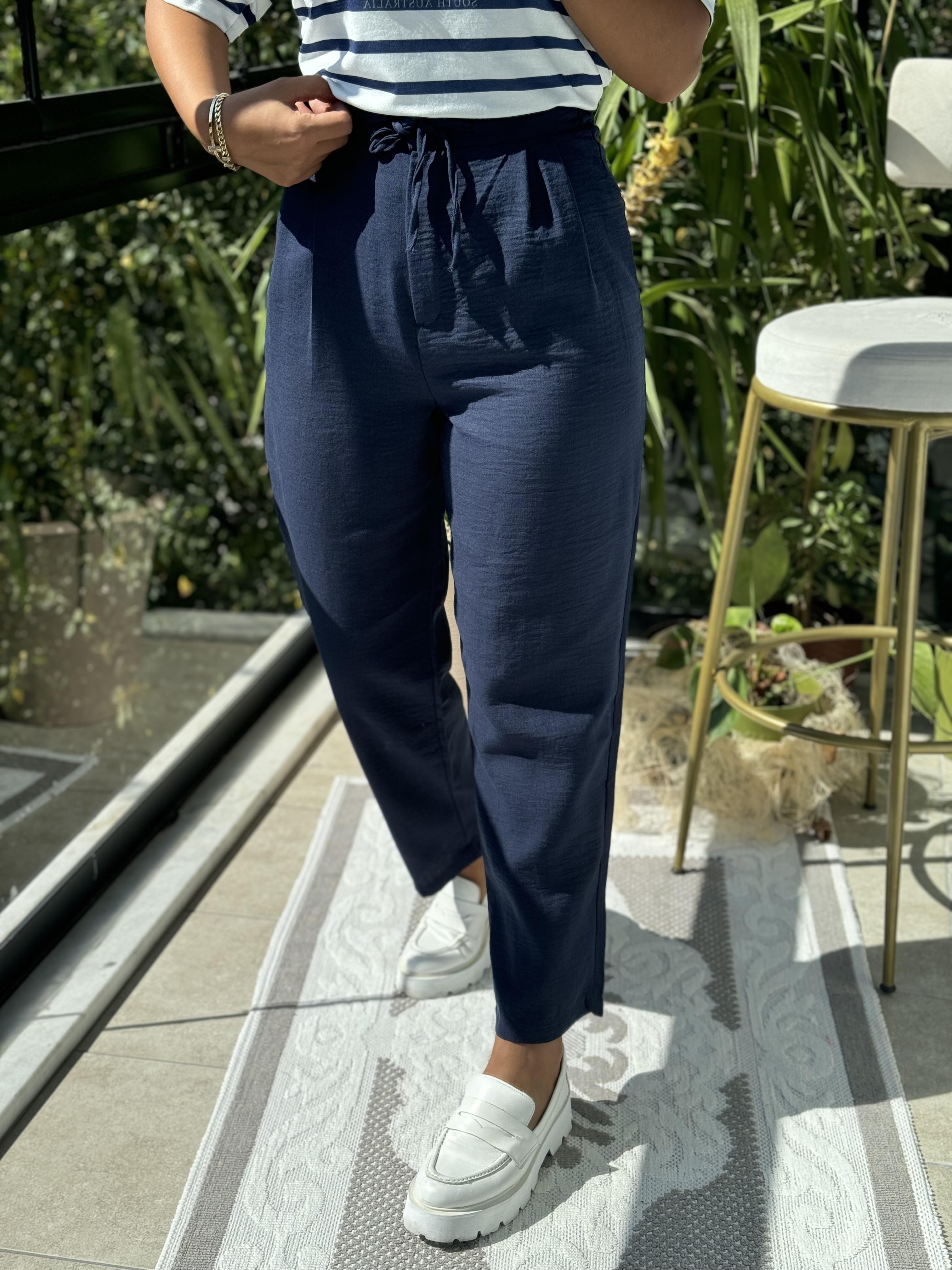 Keten Beli Bağcıklı Pantolon Lacivert