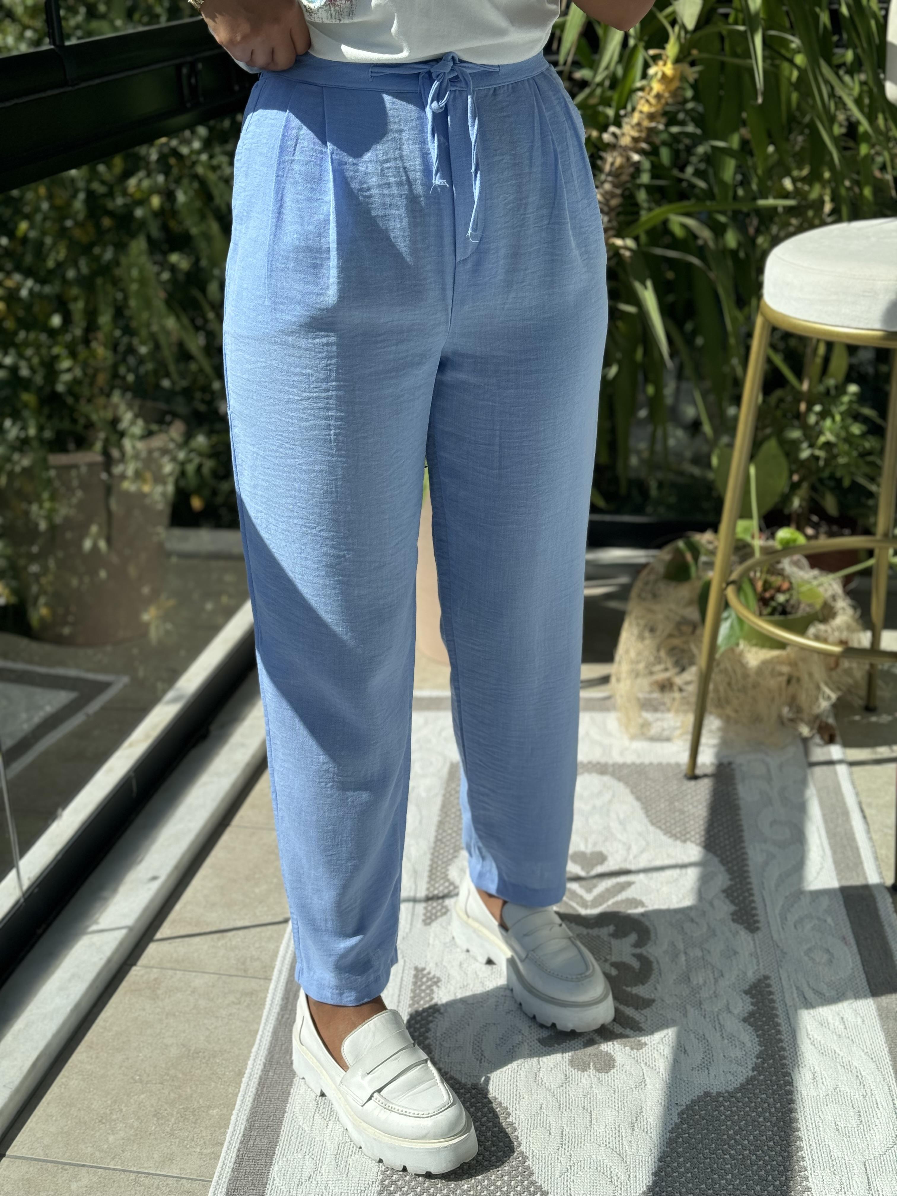 Keten Beli Bağcıklı Pantolon Mavi