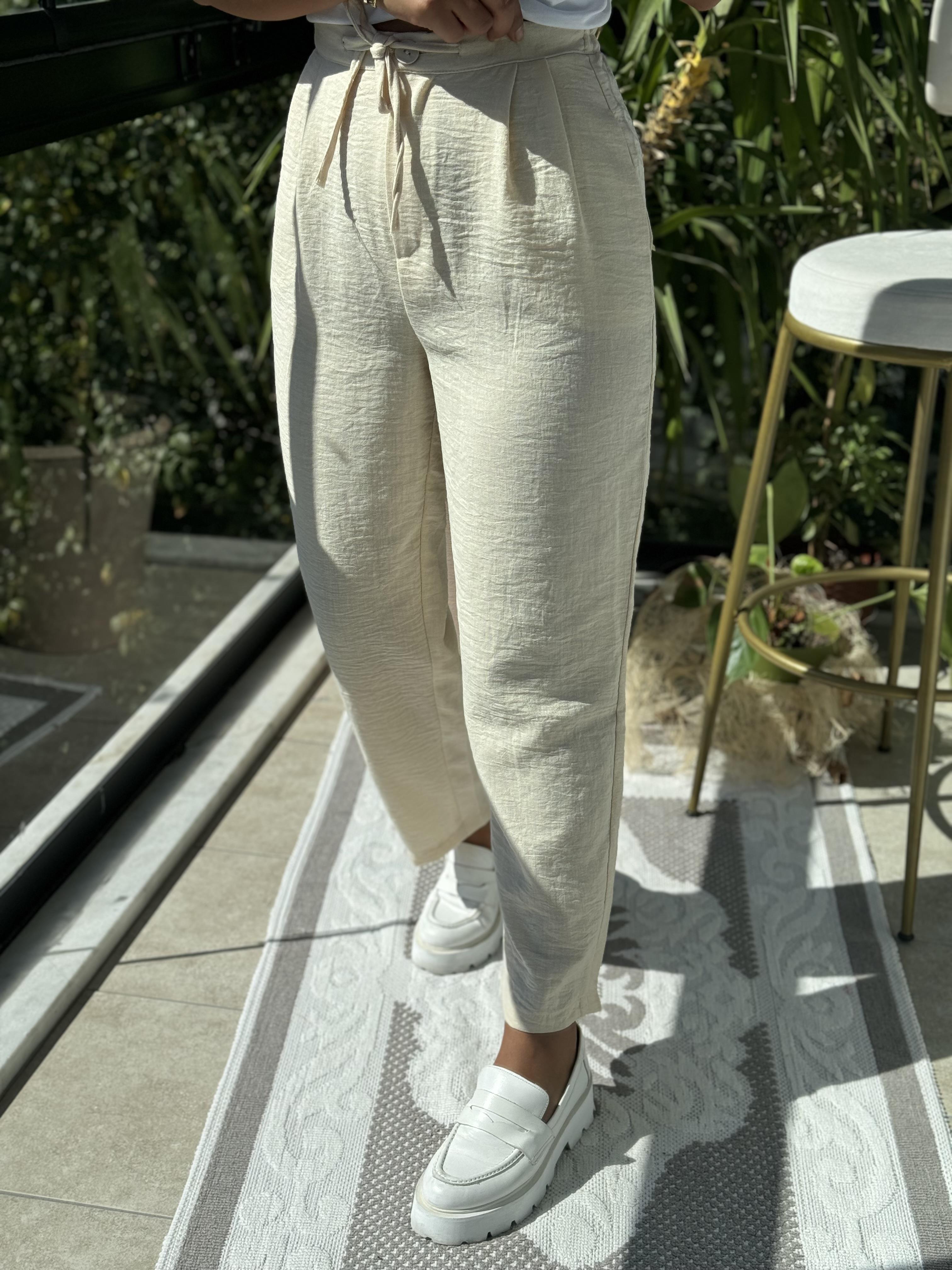 Keten Beli Bağcıklı Pantolon Taş