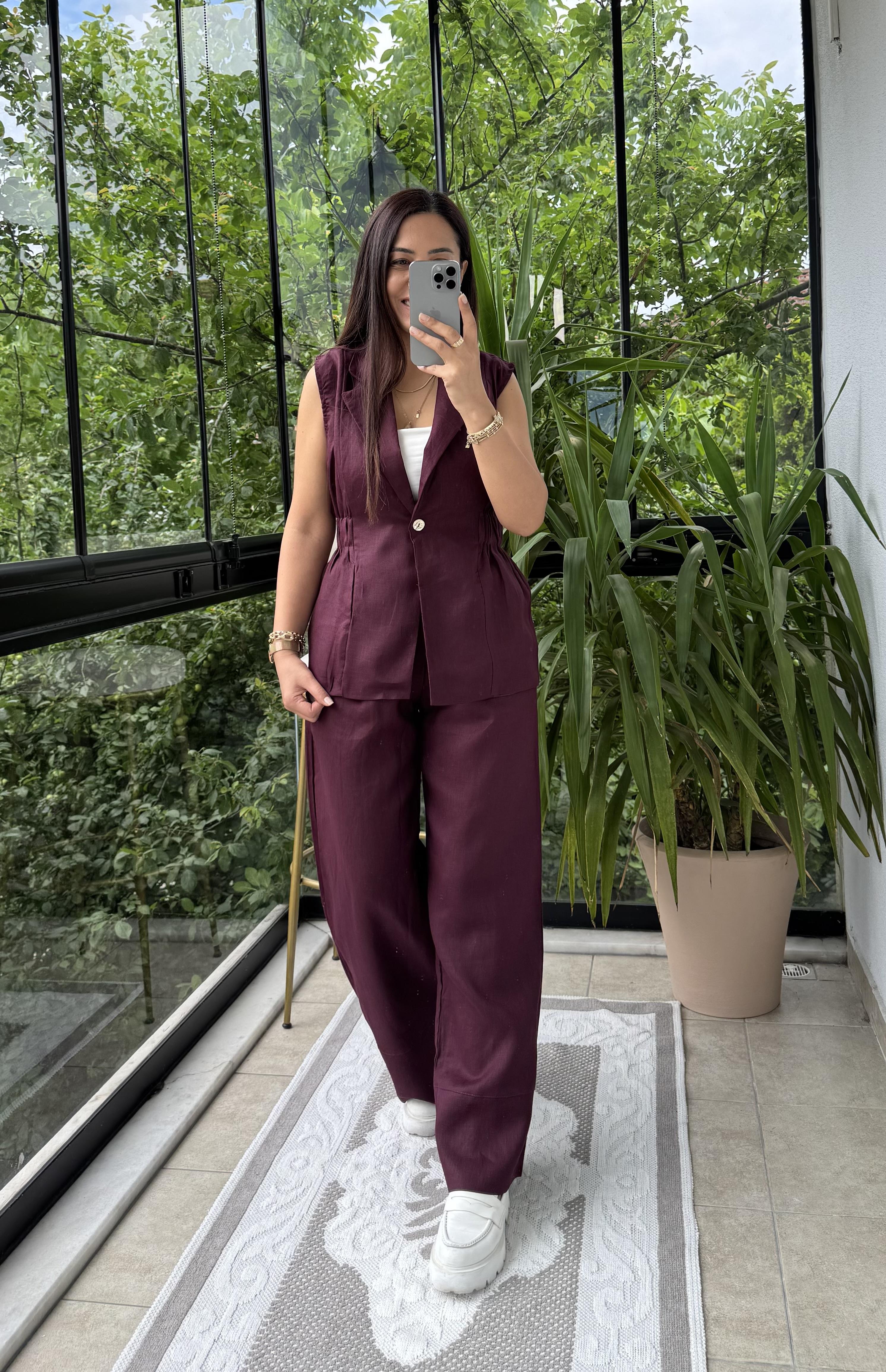 Keten Büzgülü Yelek Bordo