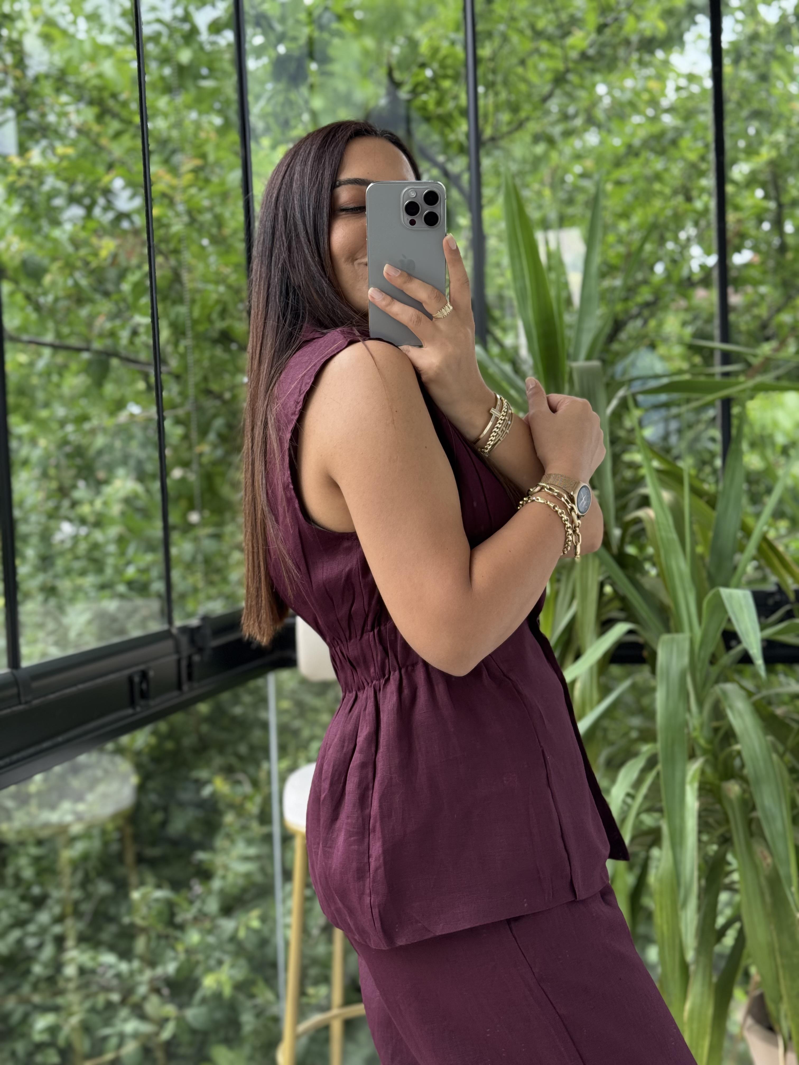 Keten Büzgülü Yelek Bordo