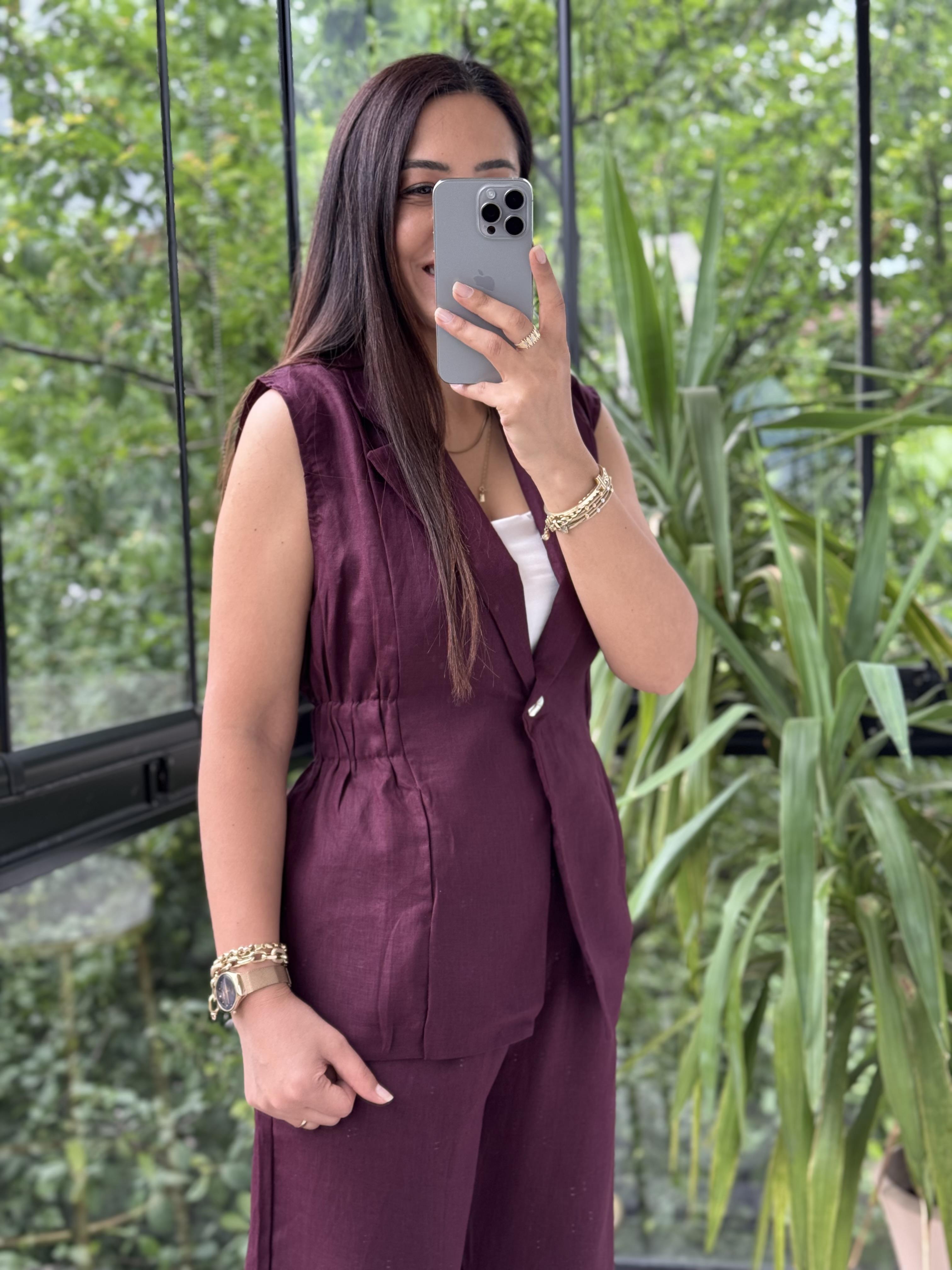 Keten Büzgülü Yelek Bordo