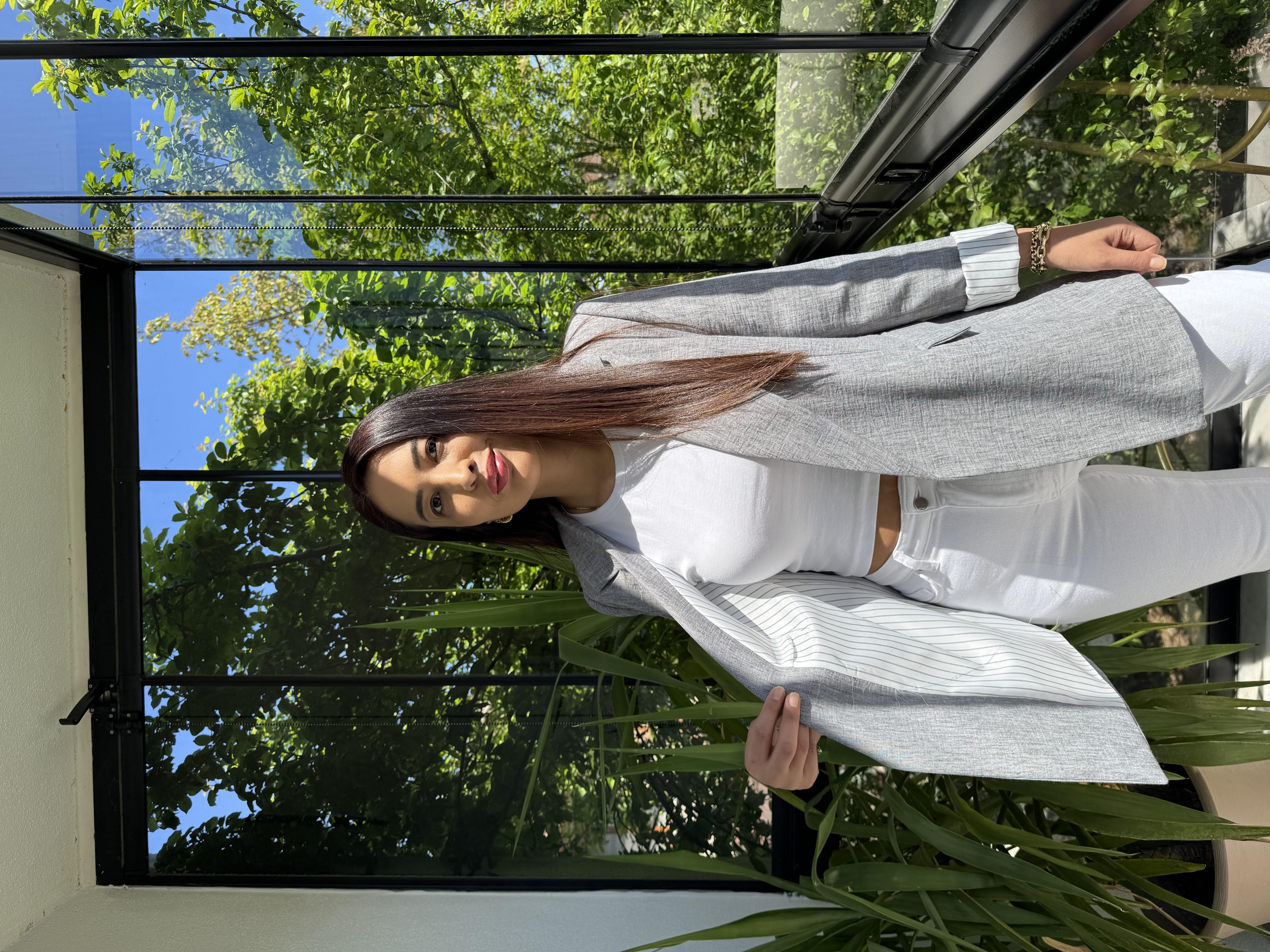 Keten İç Astarı Çizgili Blazer Ceket Gri