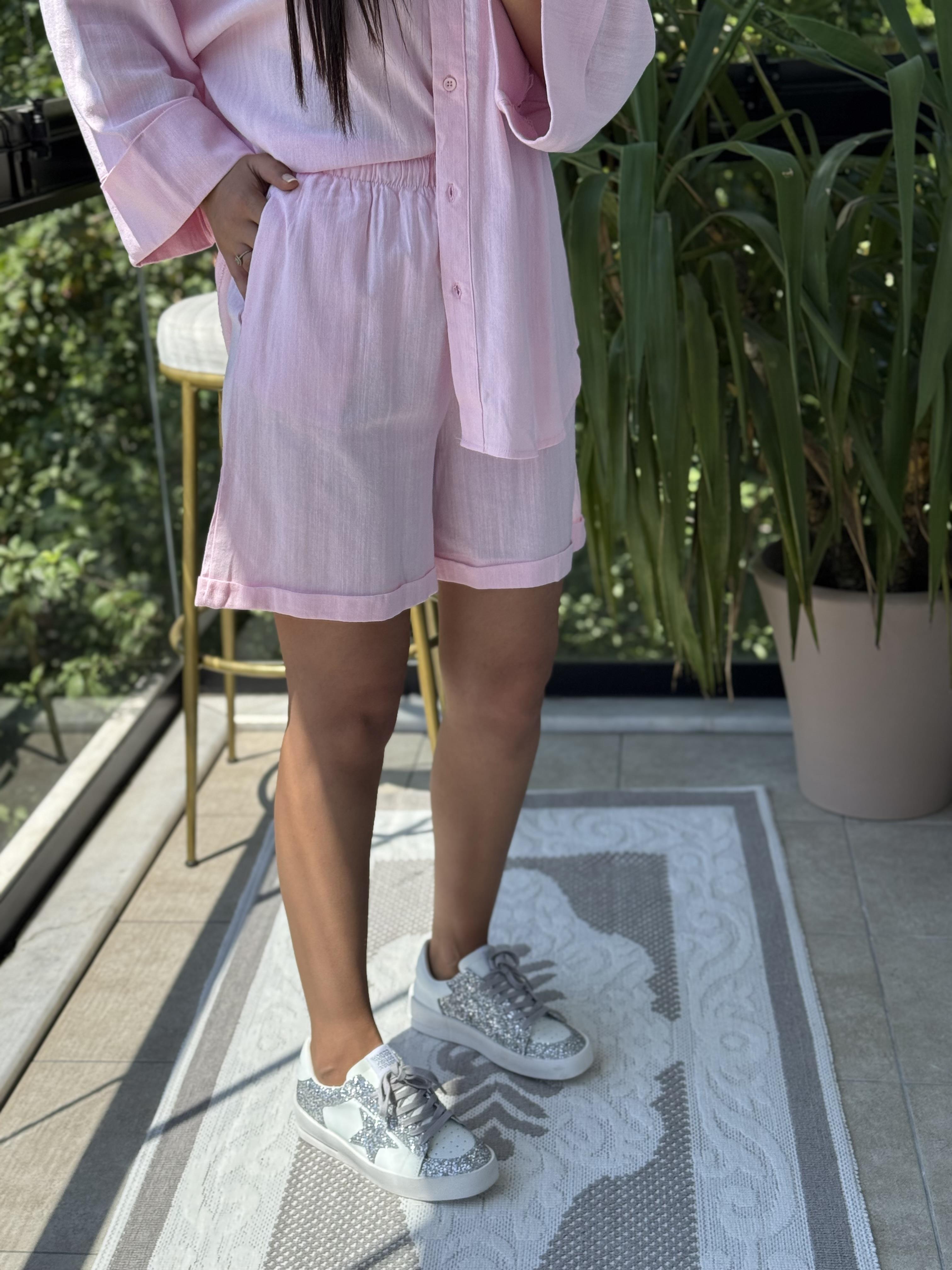 Keten Şortlu Takım Pembe