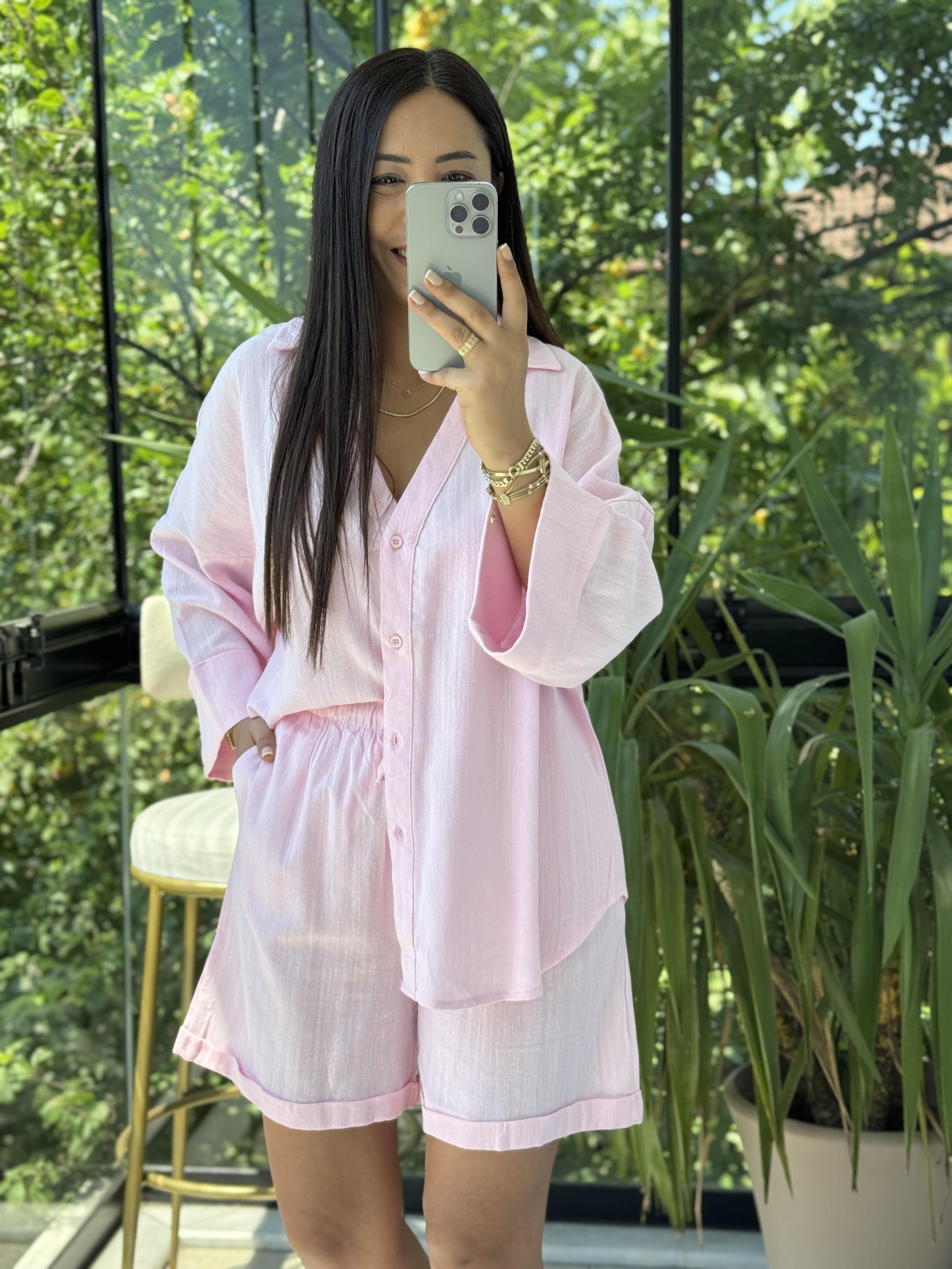 Keten Şortlu Takım Pembe