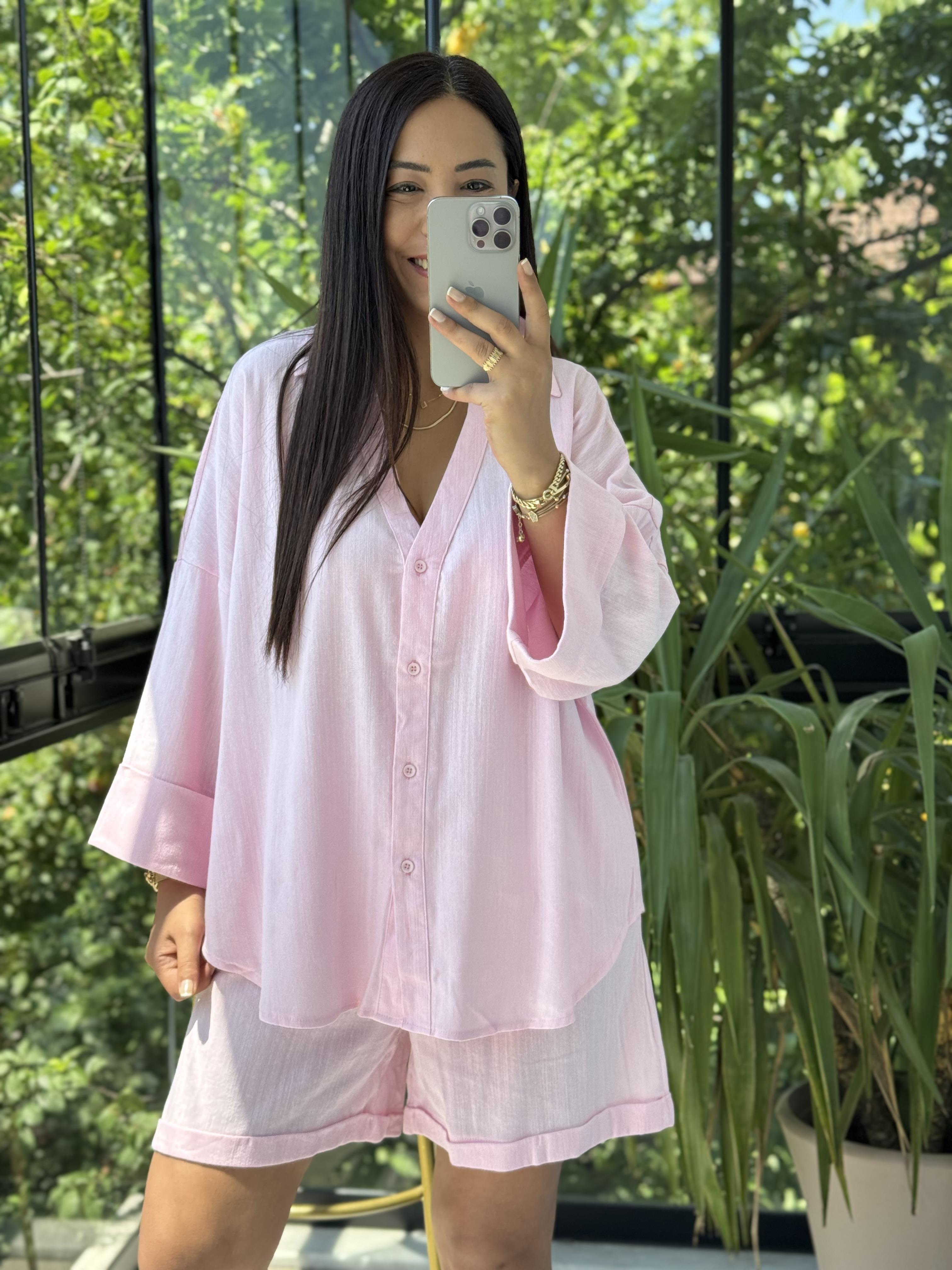 Keten Şortlu Takım Pembe