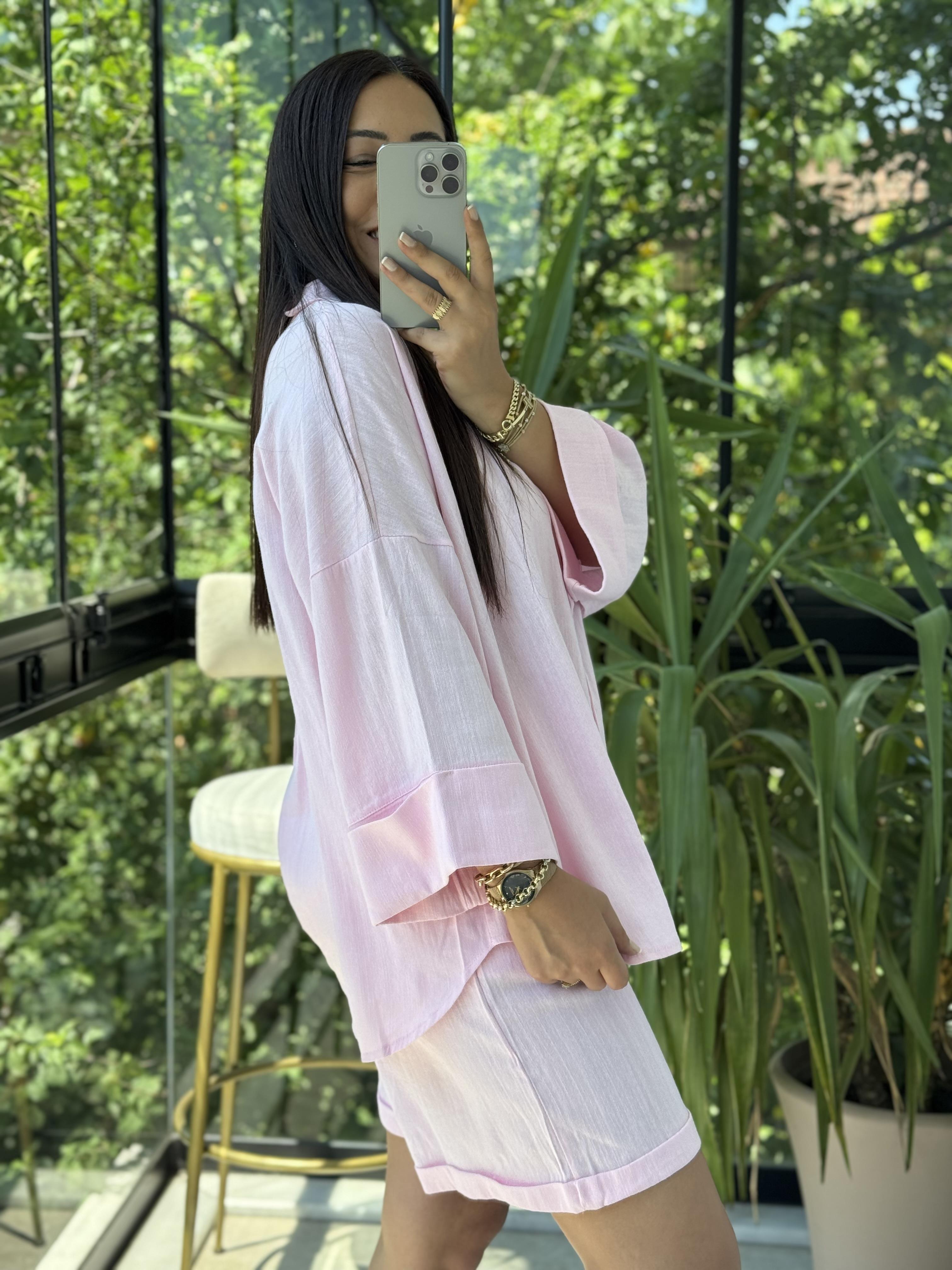 Keten Şortlu Takım Pembe