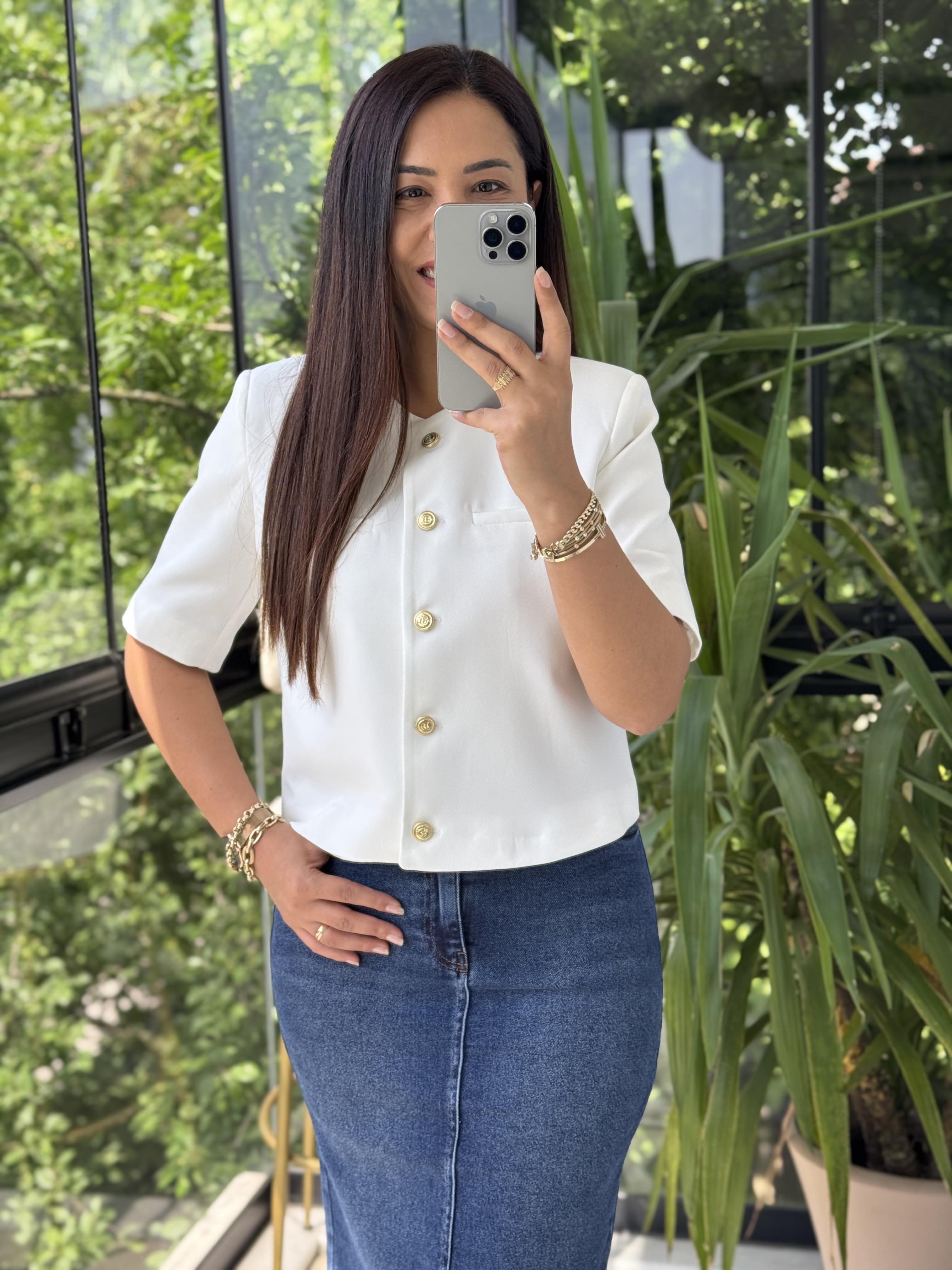 Kısa Kol Blazer Ceket Kırık Beyaz