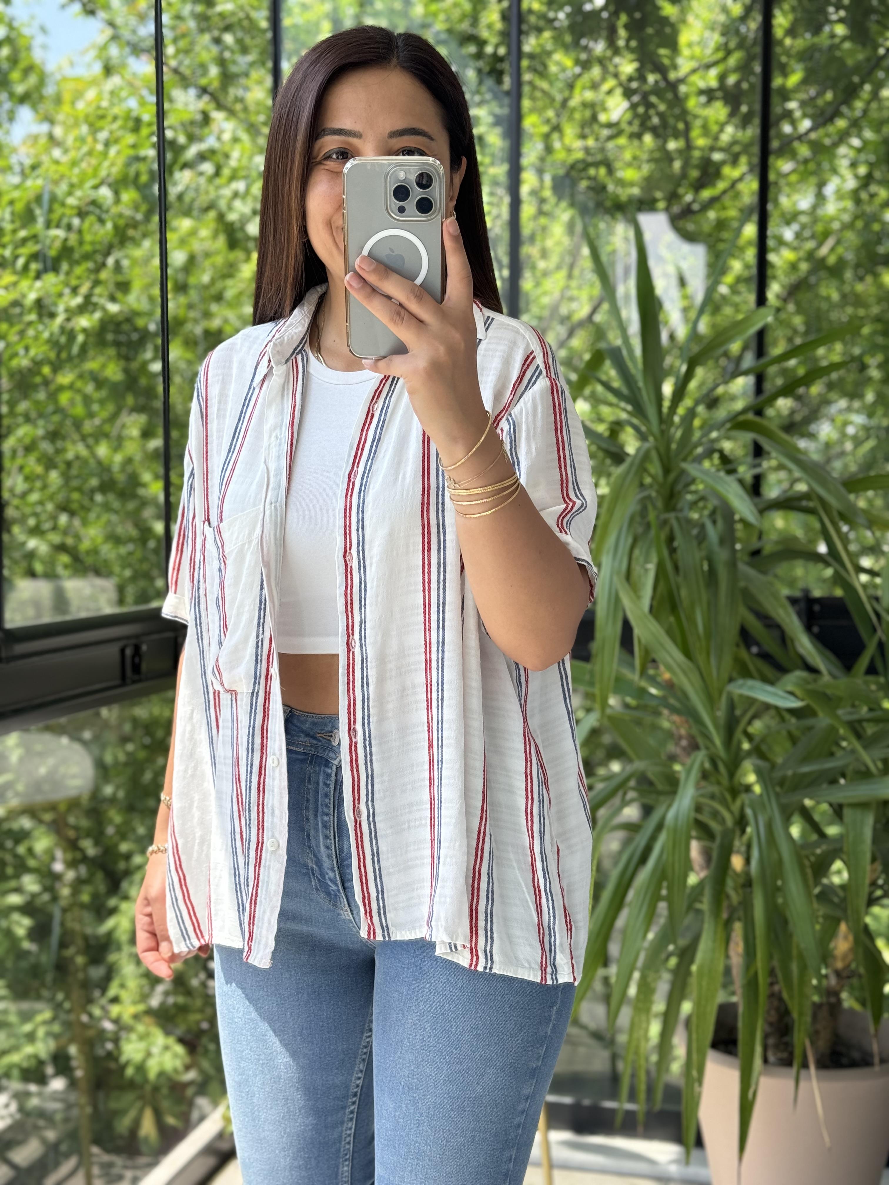 Kısa Kol Çizgili Gömlek Kırmızı