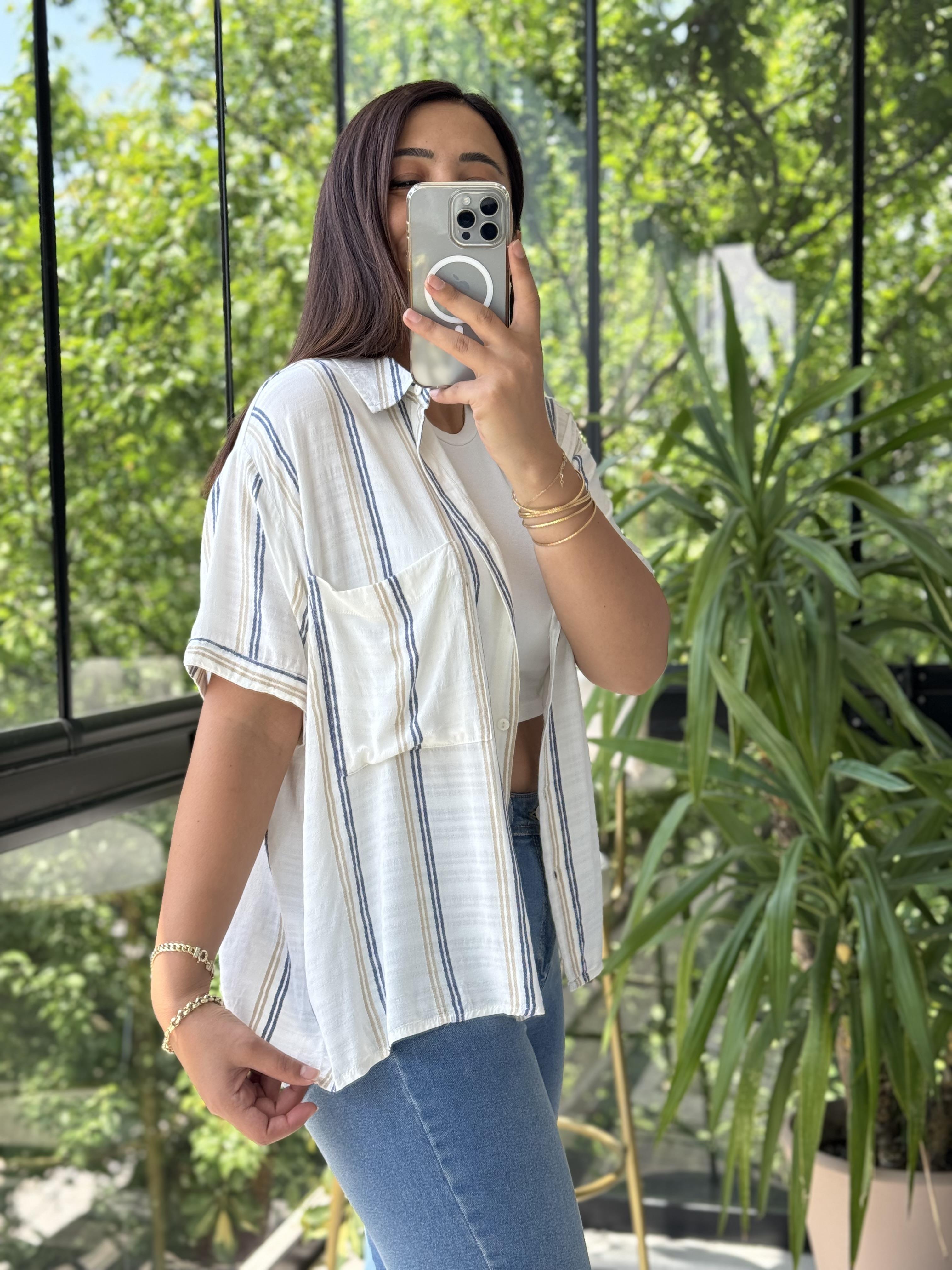 Kısa Kol Çizgili Gömlek Mavi