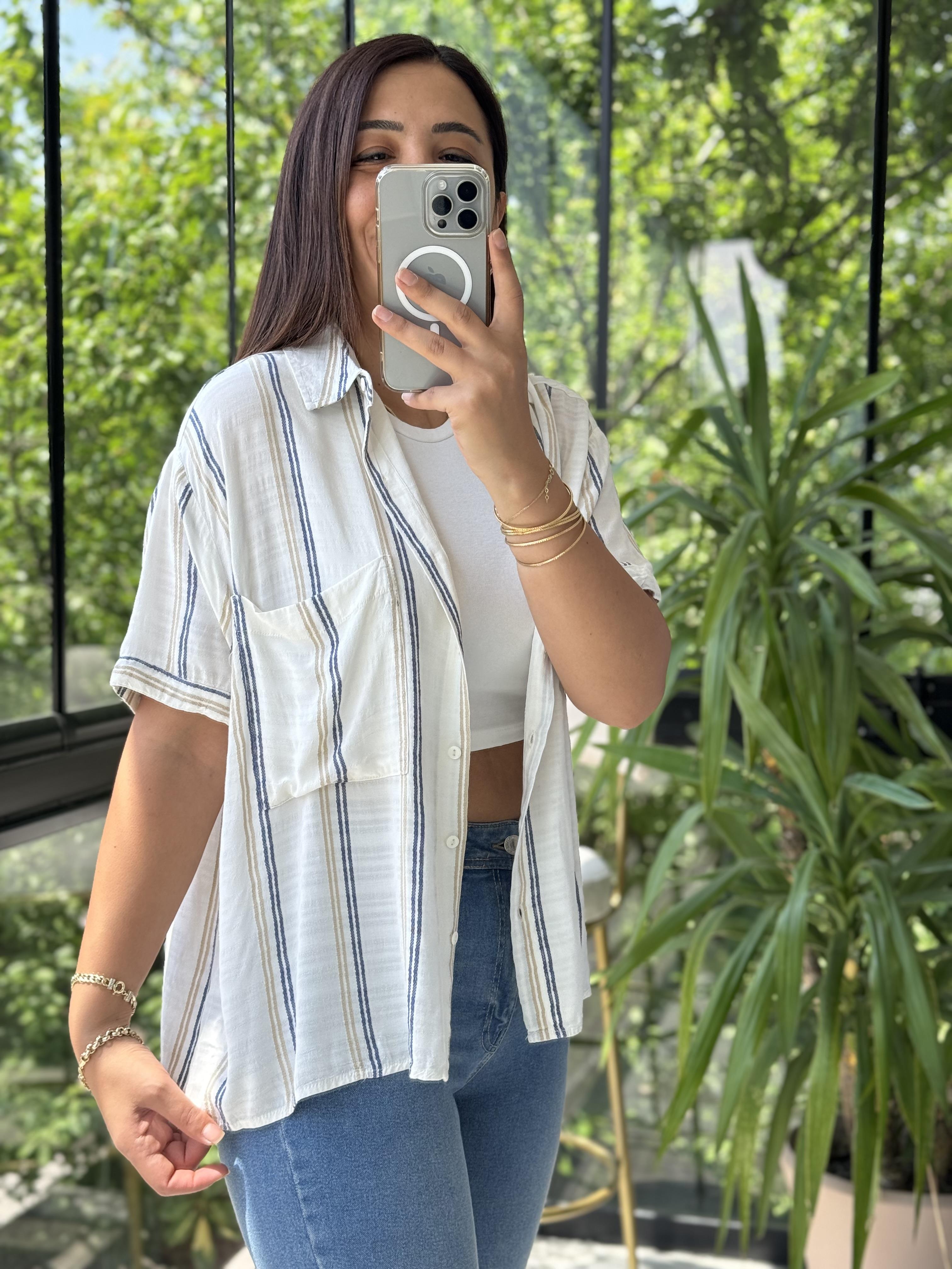 Kısa Kol Çizgili Gömlek Mavi