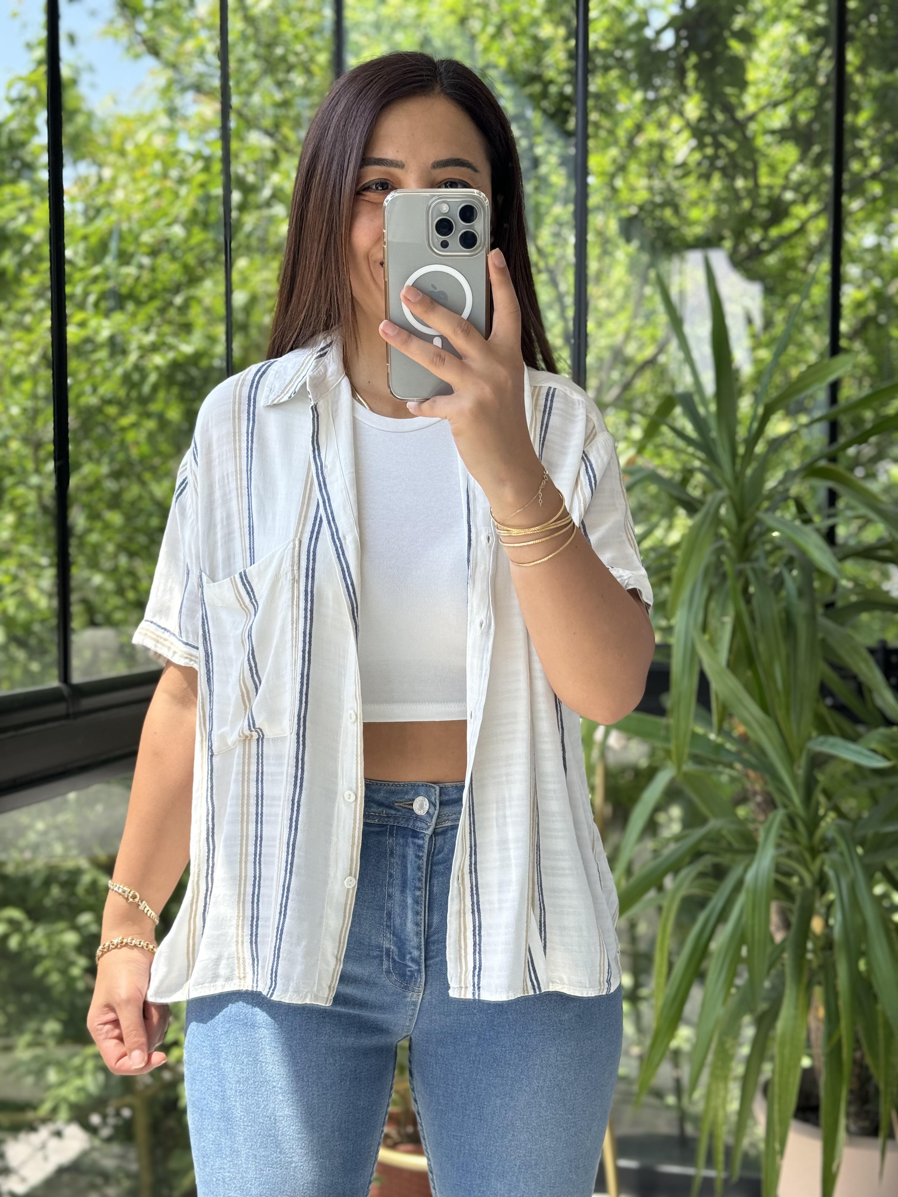 Kısa Kol Çizgili Gömlek Mavi