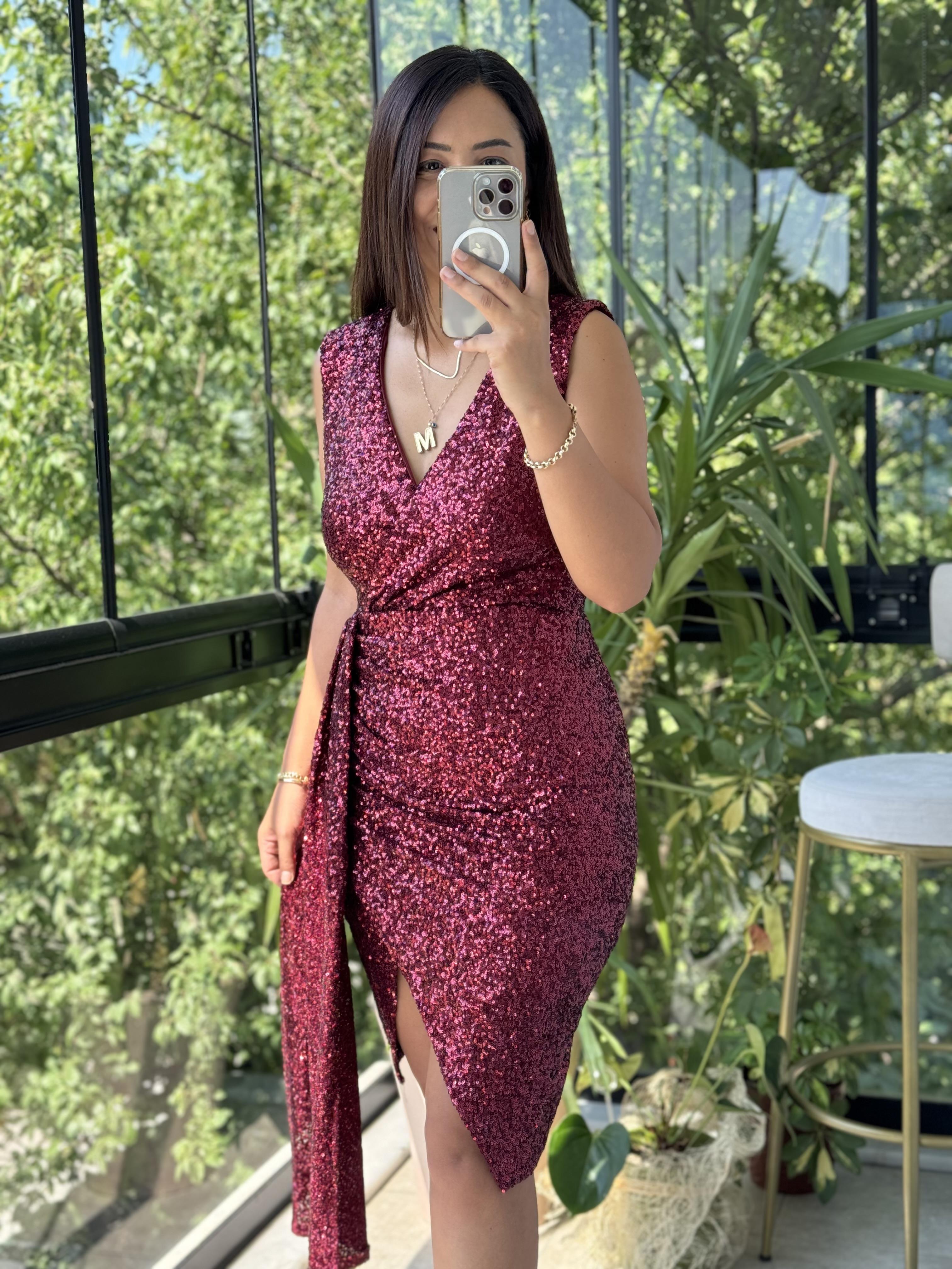 Kolsuz Yırtmaçlı Pul Abiye Kırmızı