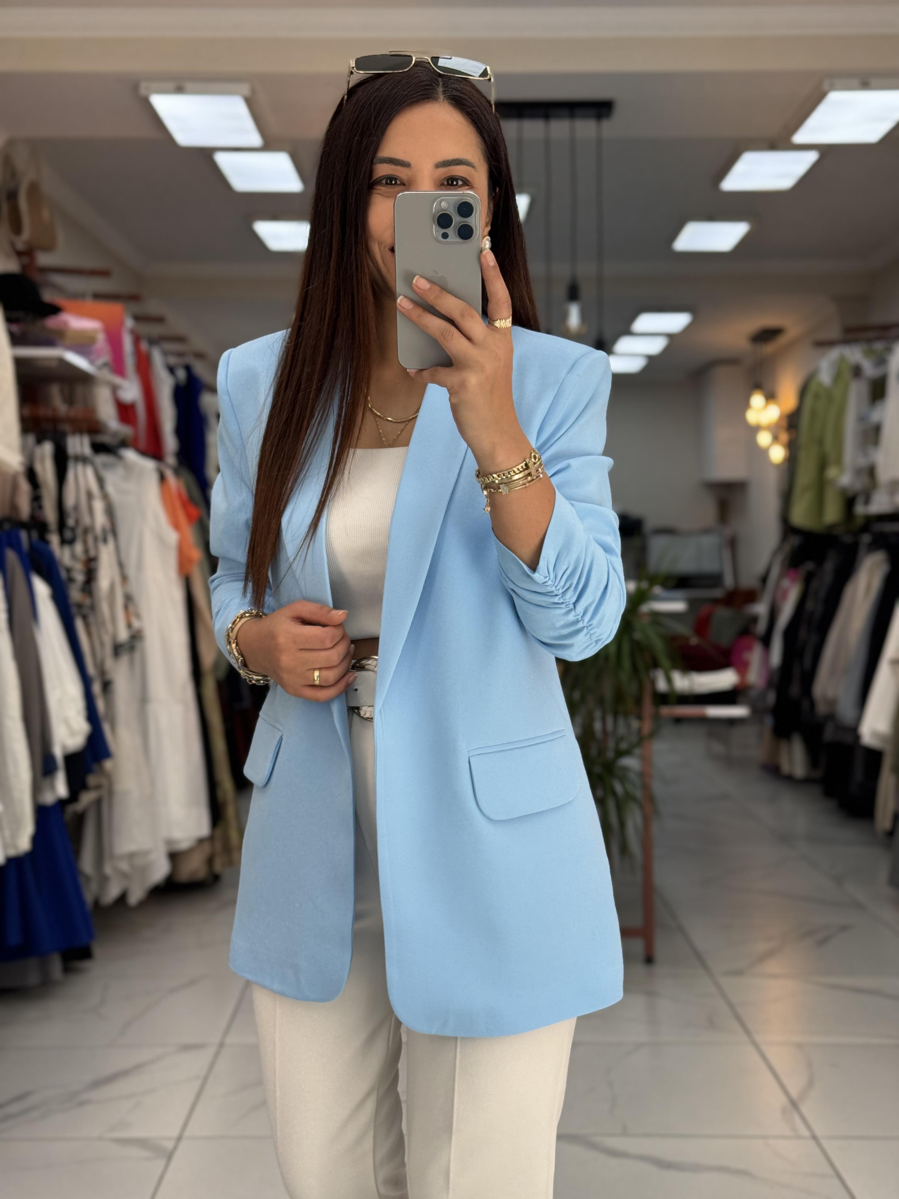 Kolu Büzgülü Blazer Ceket Bebe Mavi