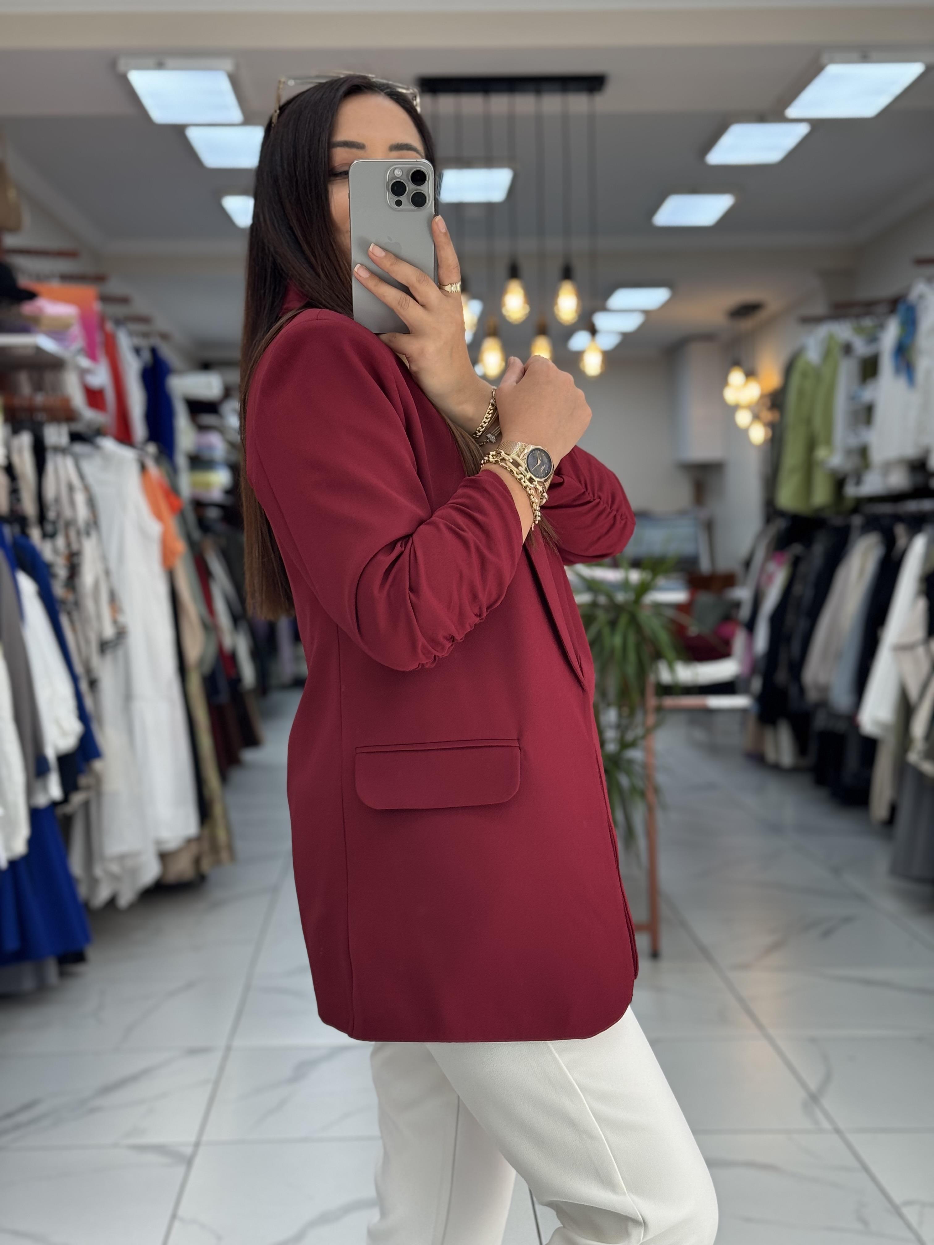 Kolu Büzgülü Blazer Ceket Bordo