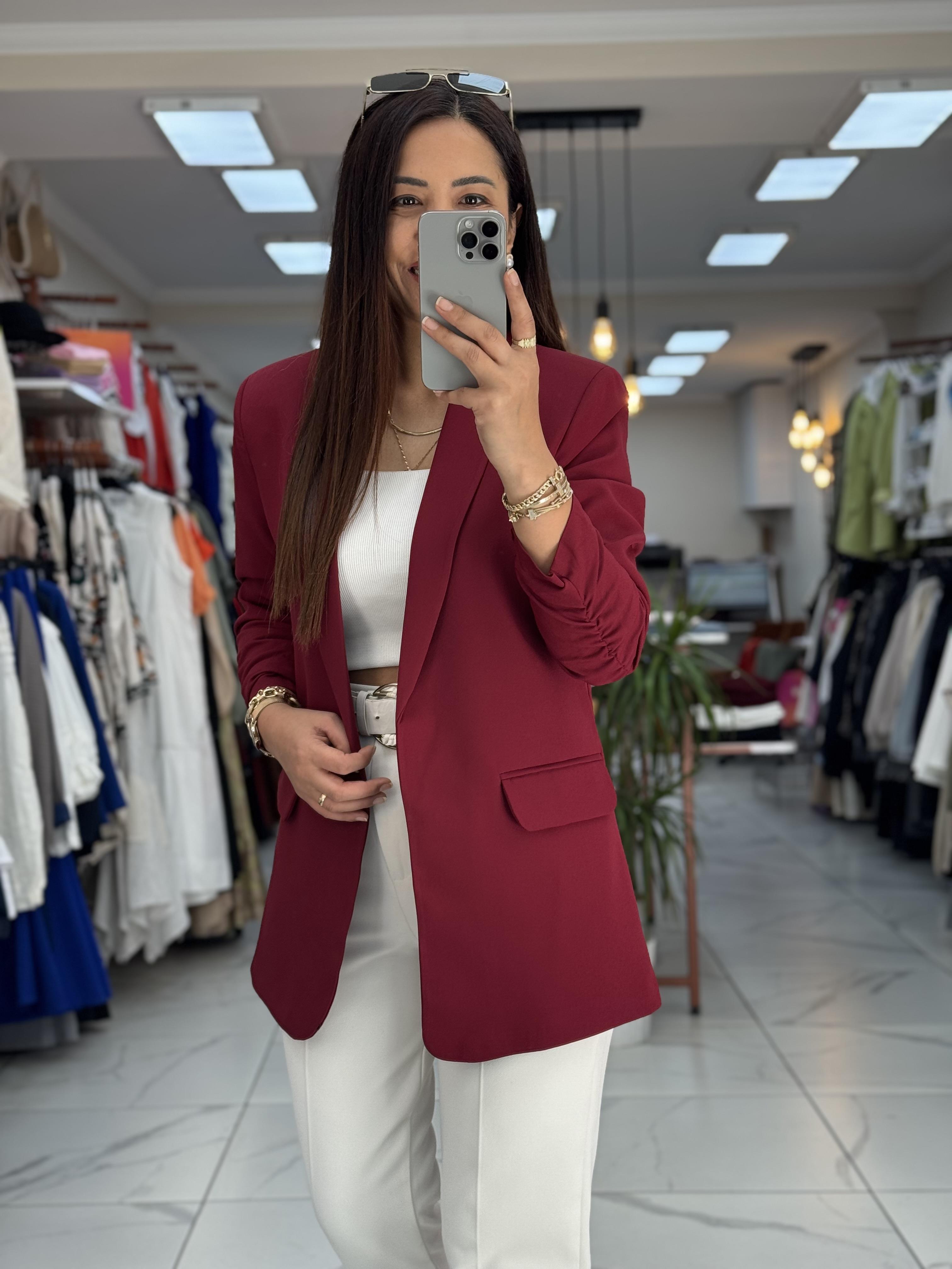 Kolu Büzgülü Blazer Ceket Bordo