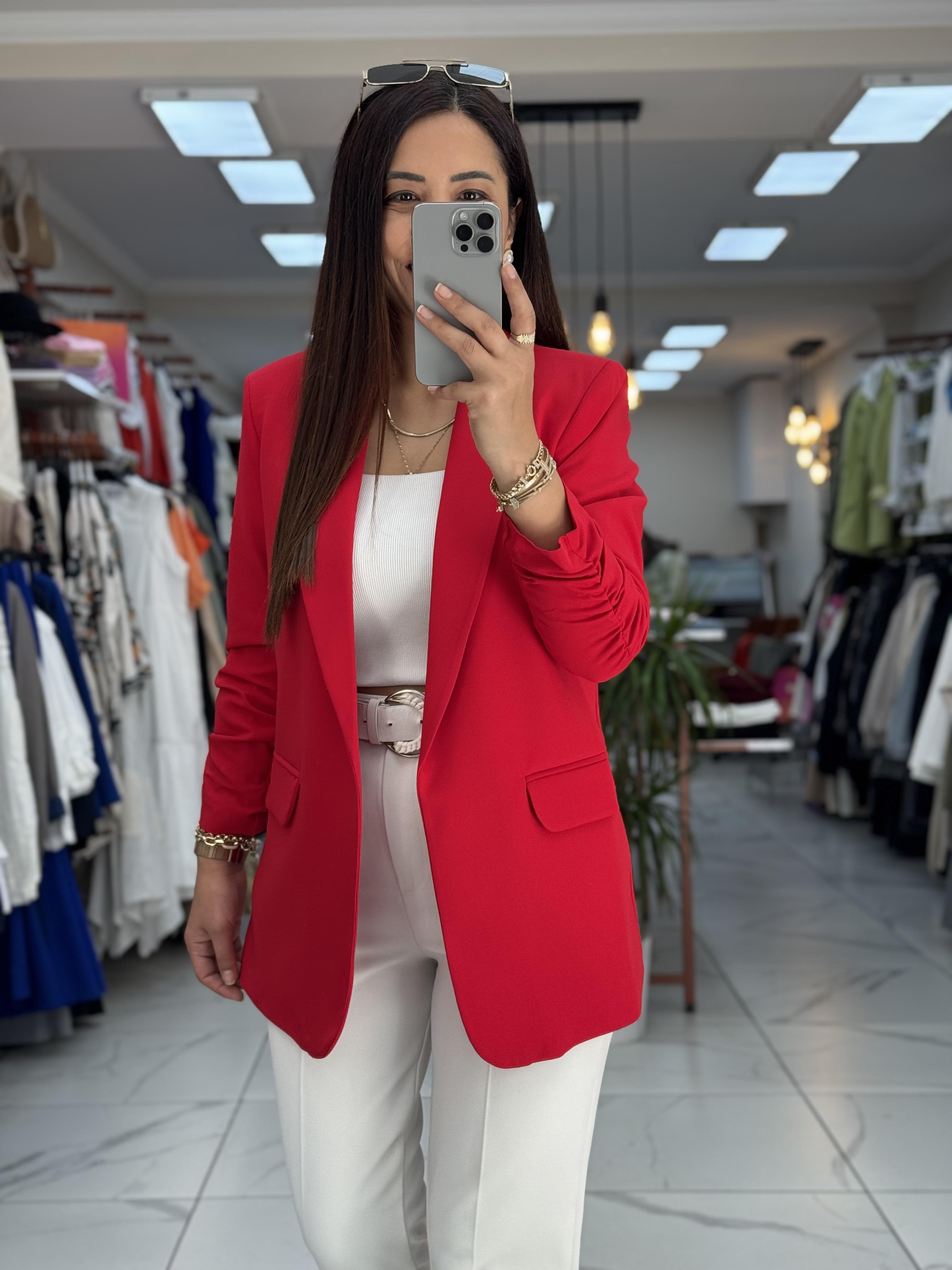 Kolu Büzgülü Blazer Ceket Kırmızı