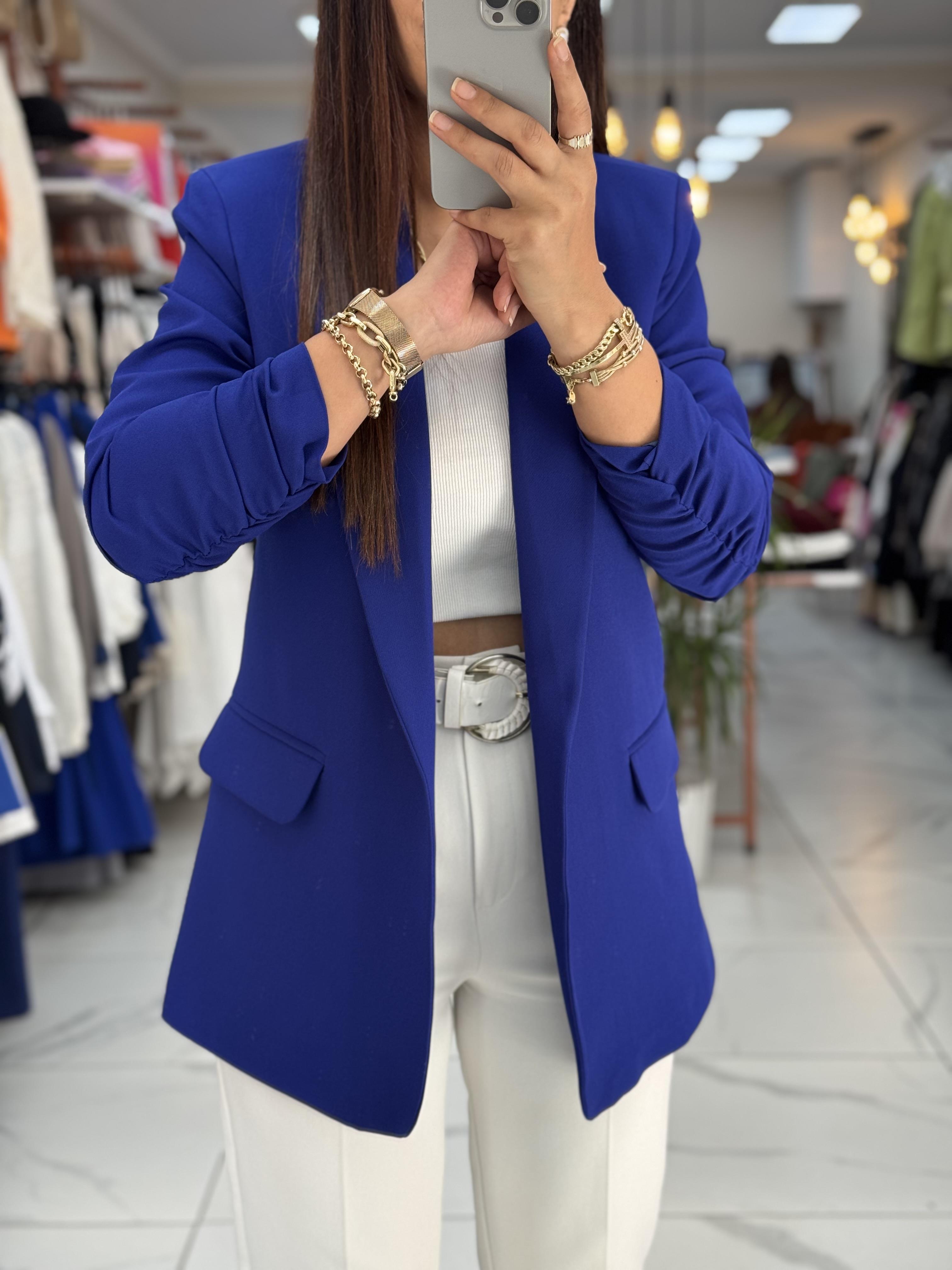 Kolu Büzgülü Blazer Ceket Sax Mavi