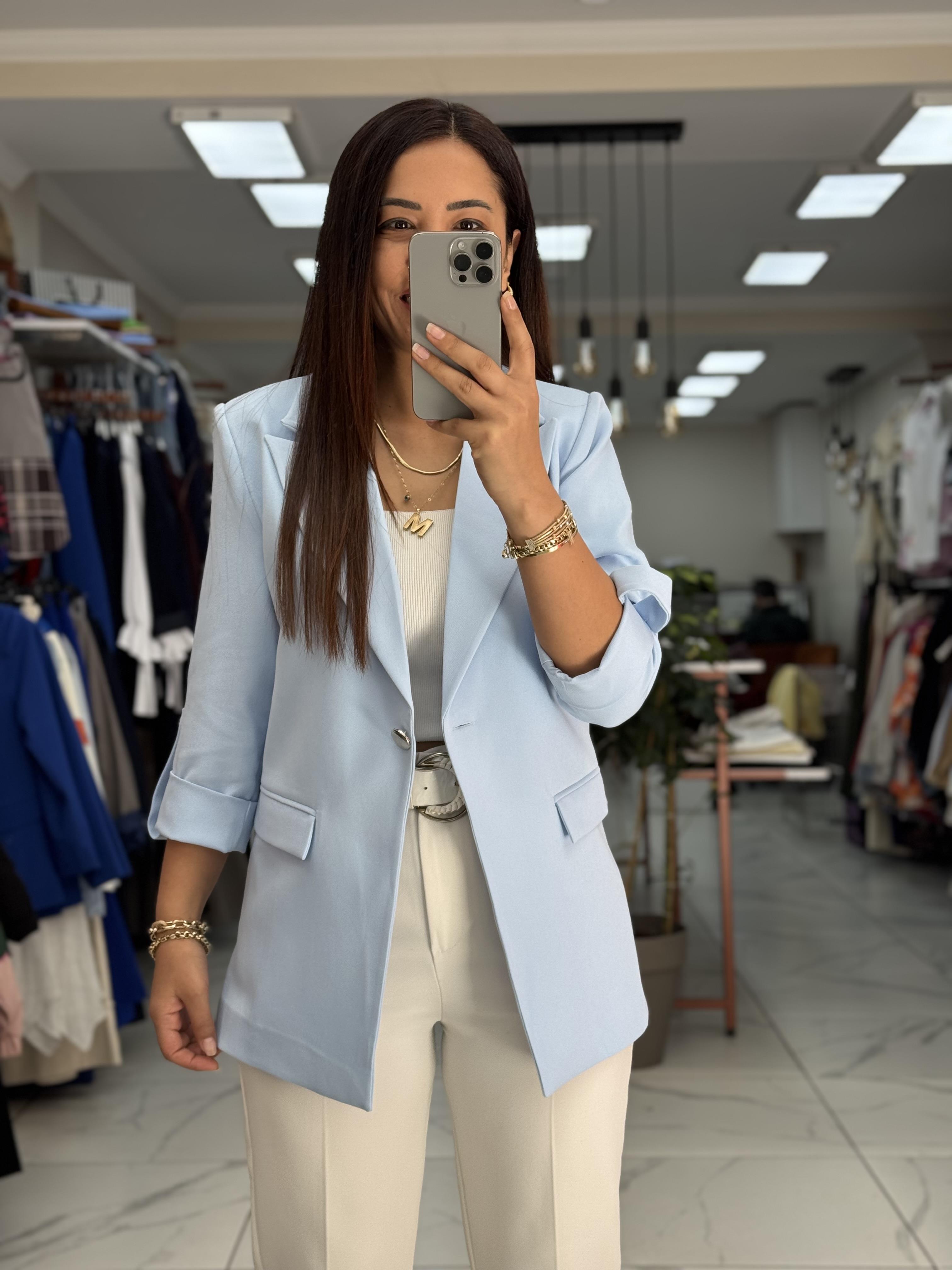 Kolu Düğmeli Blazer Ceket Bebe Mavi