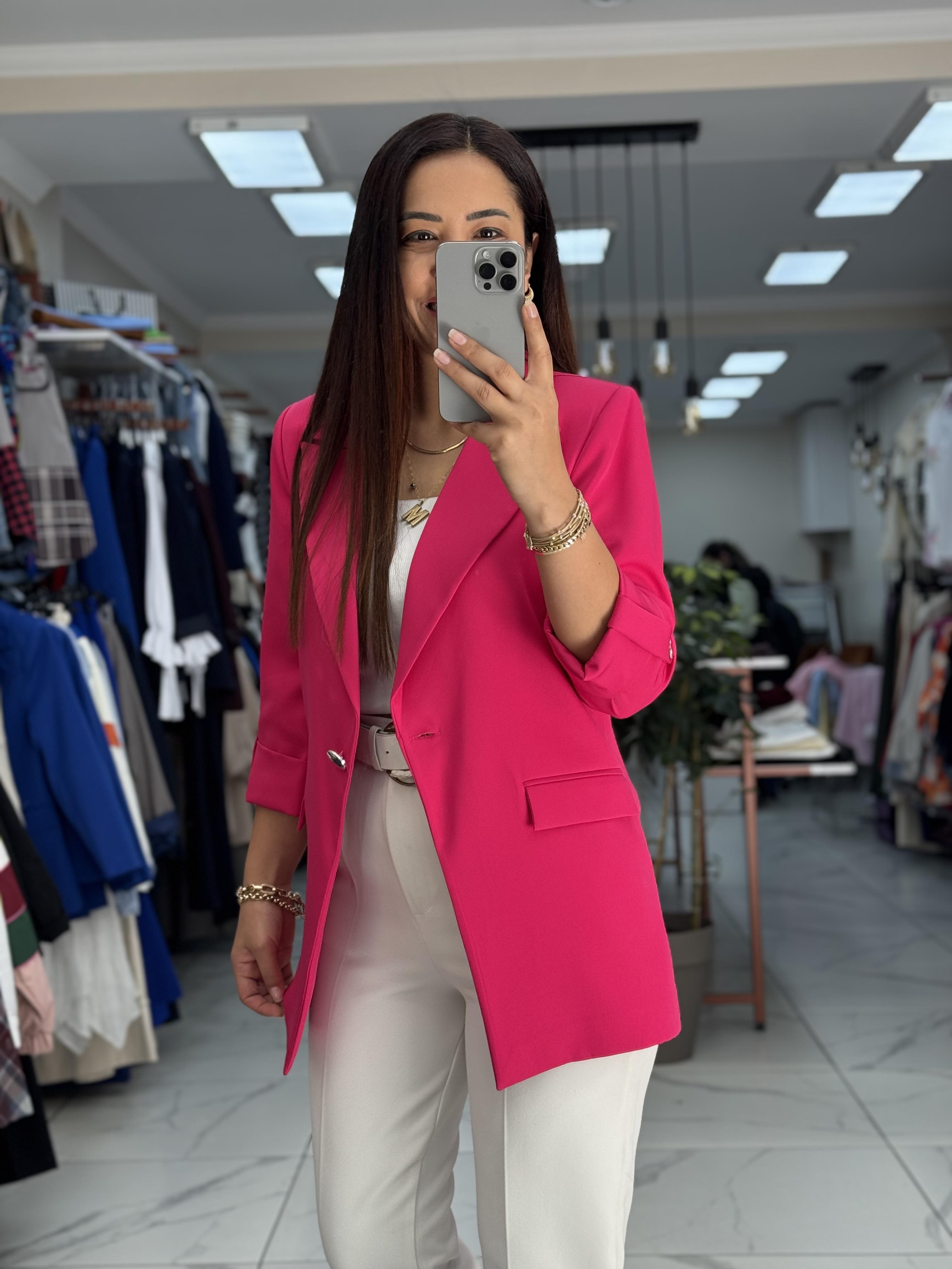 Kolu Düğmeli Blazer Ceket Fuşya