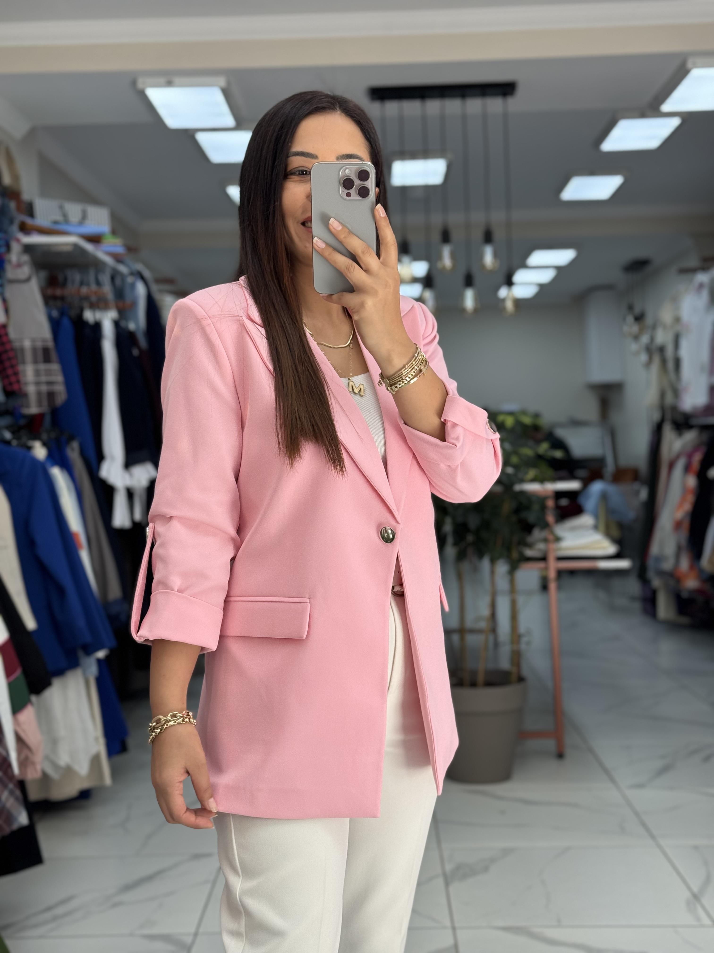 Kolu Düğmeli Blazer Ceket Pudra ( Pembe )