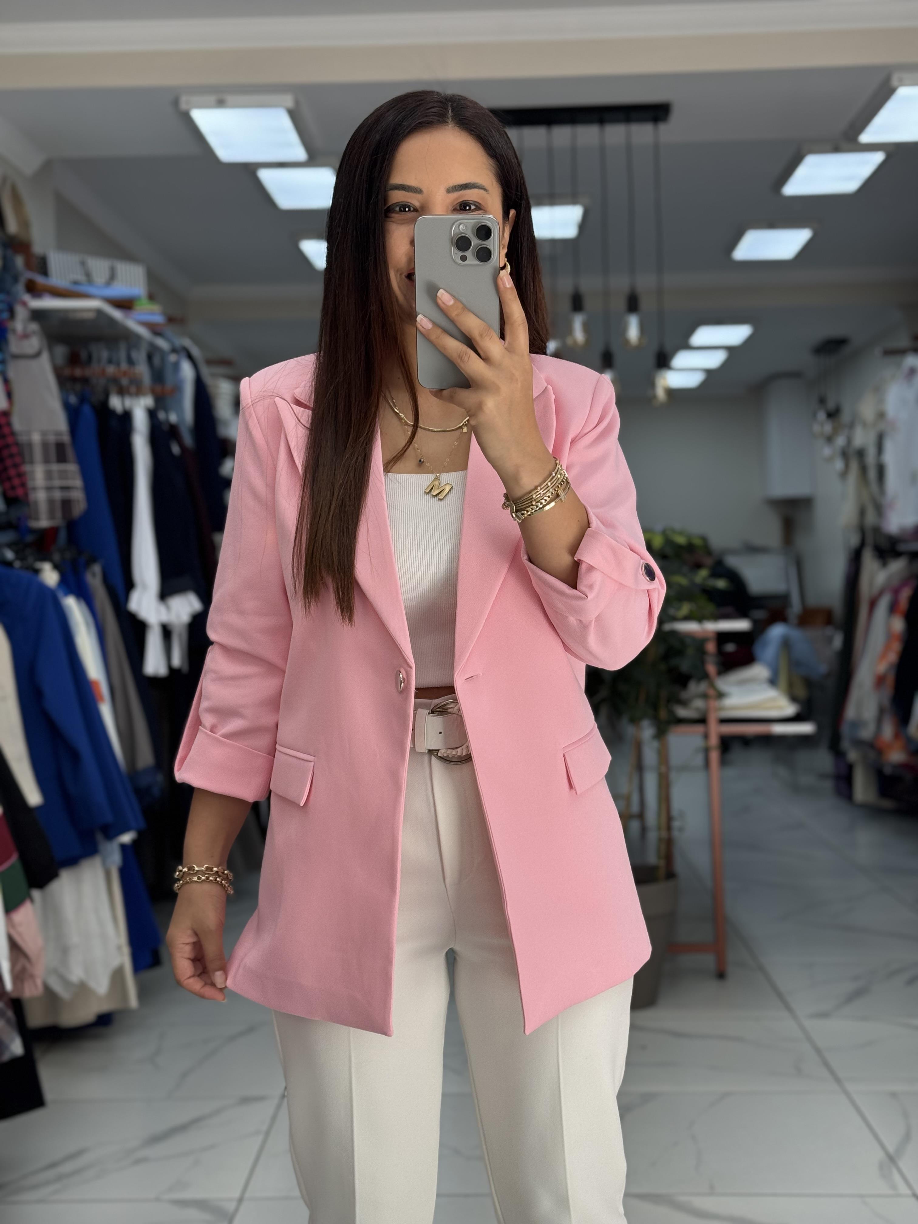 Kolu Düğmeli Blazer Ceket Pudra ( Pembe )