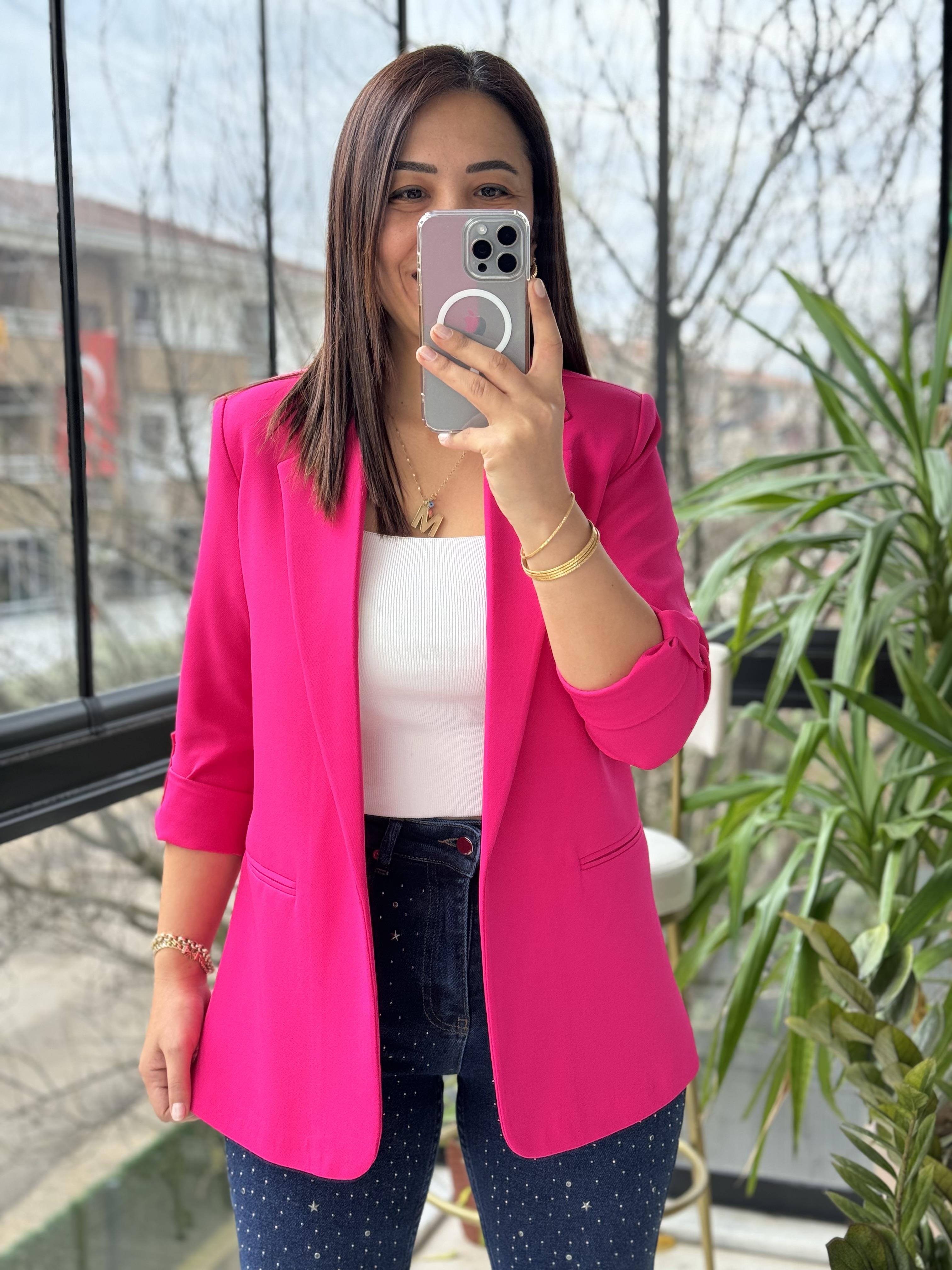 Kolu Kat Detaylı Blazer Ceket Fuşya