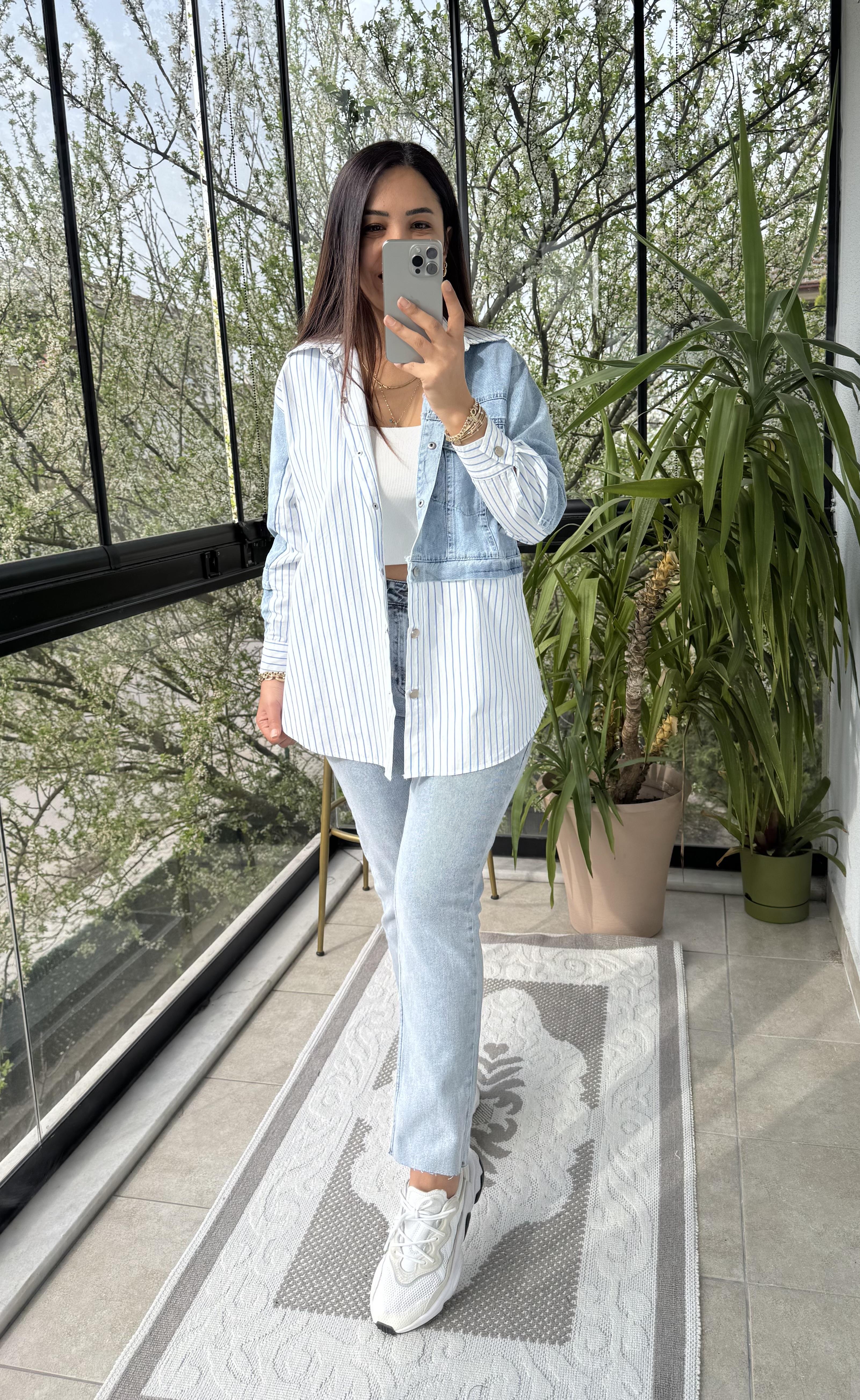 Kot Detaylı Çizgili Poplin Gömlek Mavi 