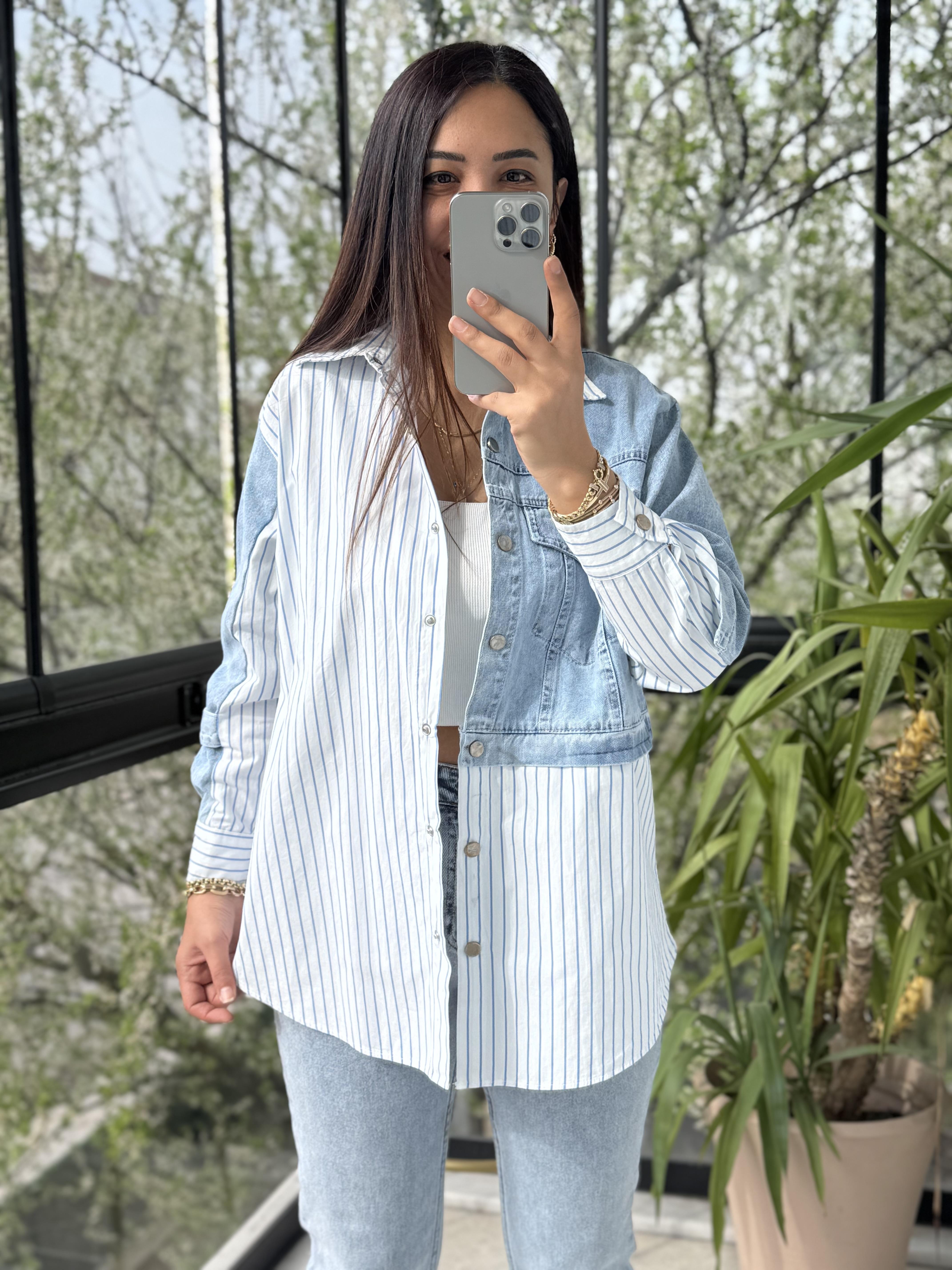 Kot Detaylı Çizgili Poplin Gömlek Mavi 