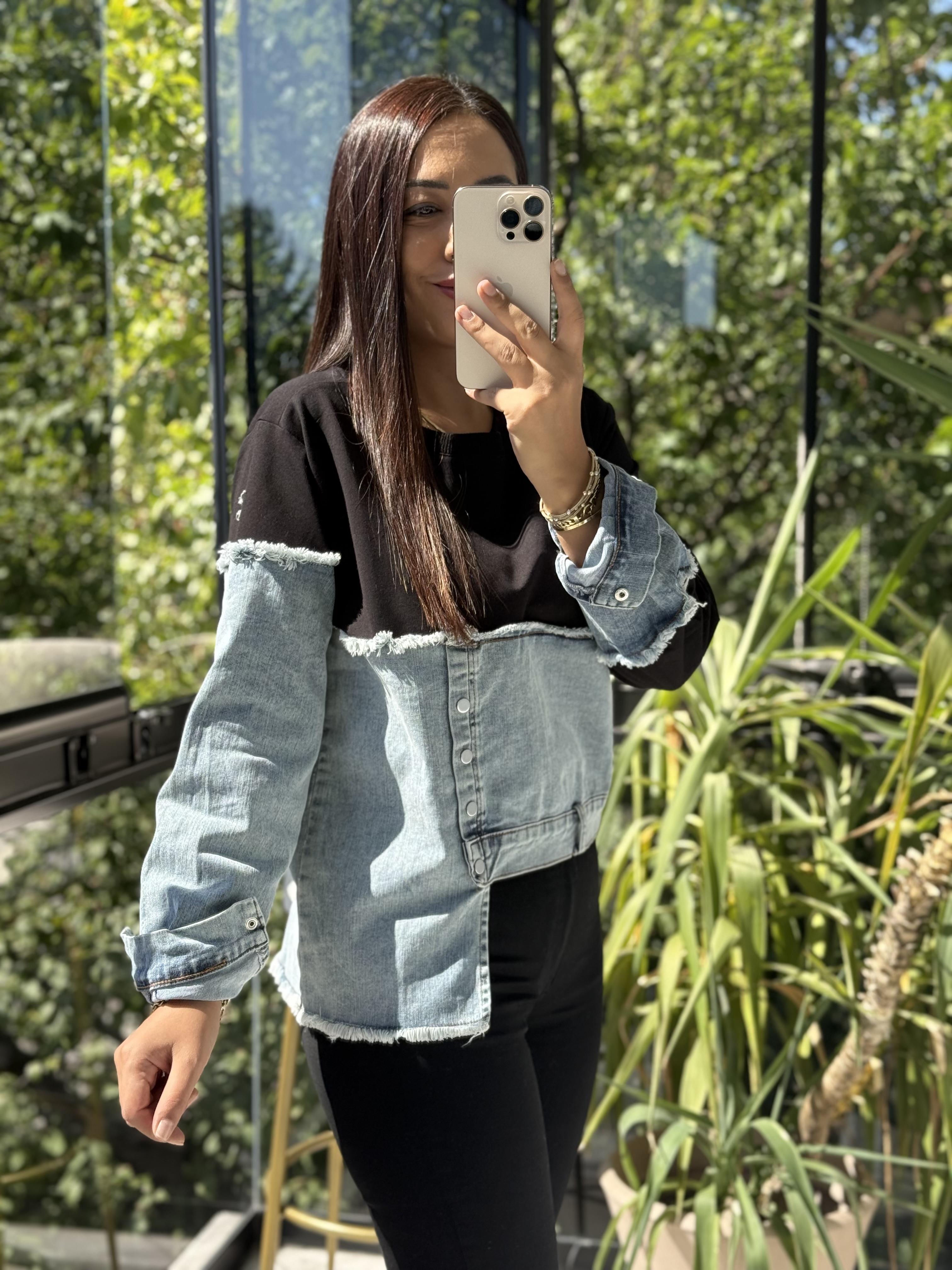 Kot Parça Detaylı Sweatshirt Siyah