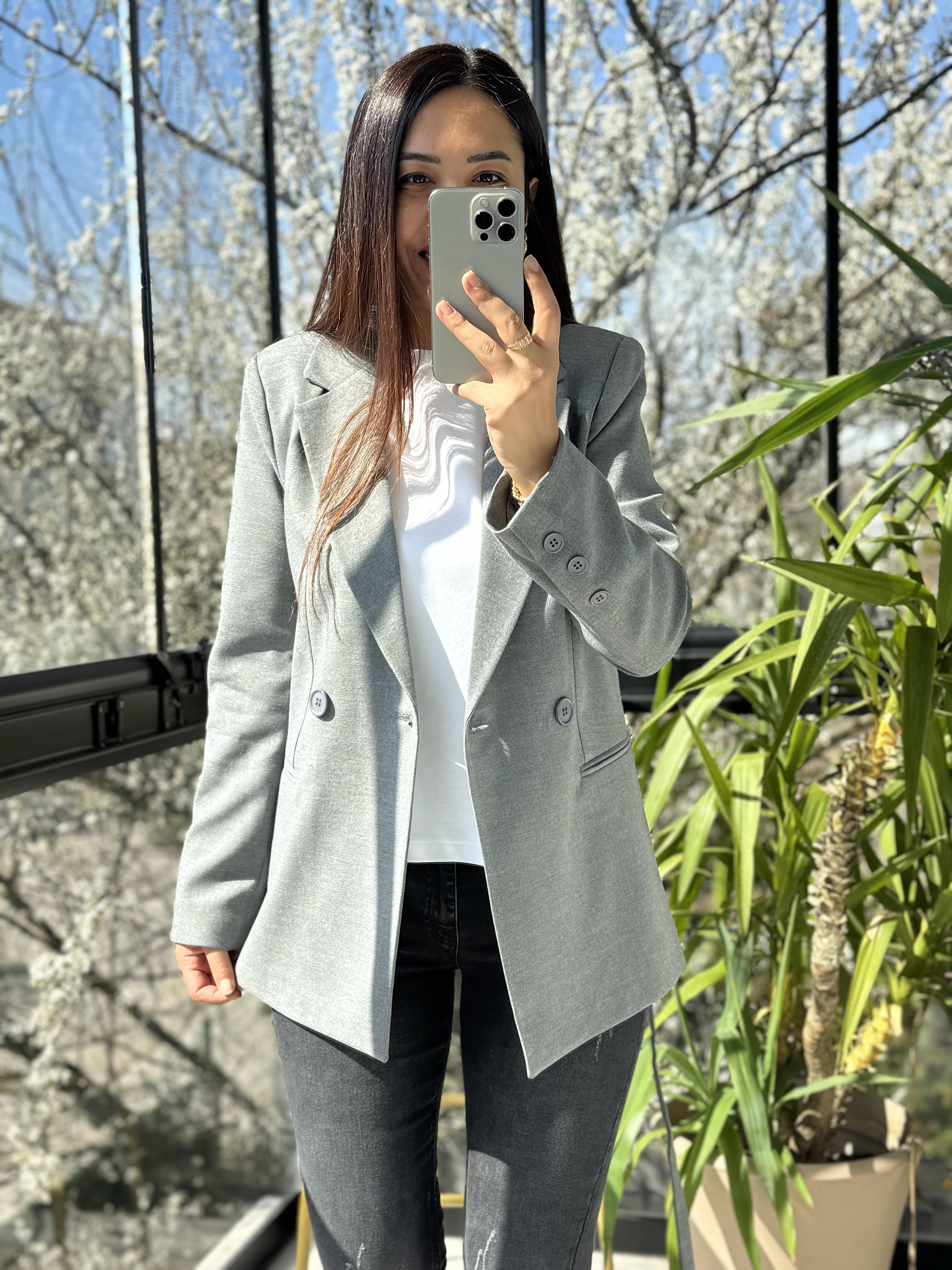Kuşaklı İki Düğme Blazer Ceket Gri