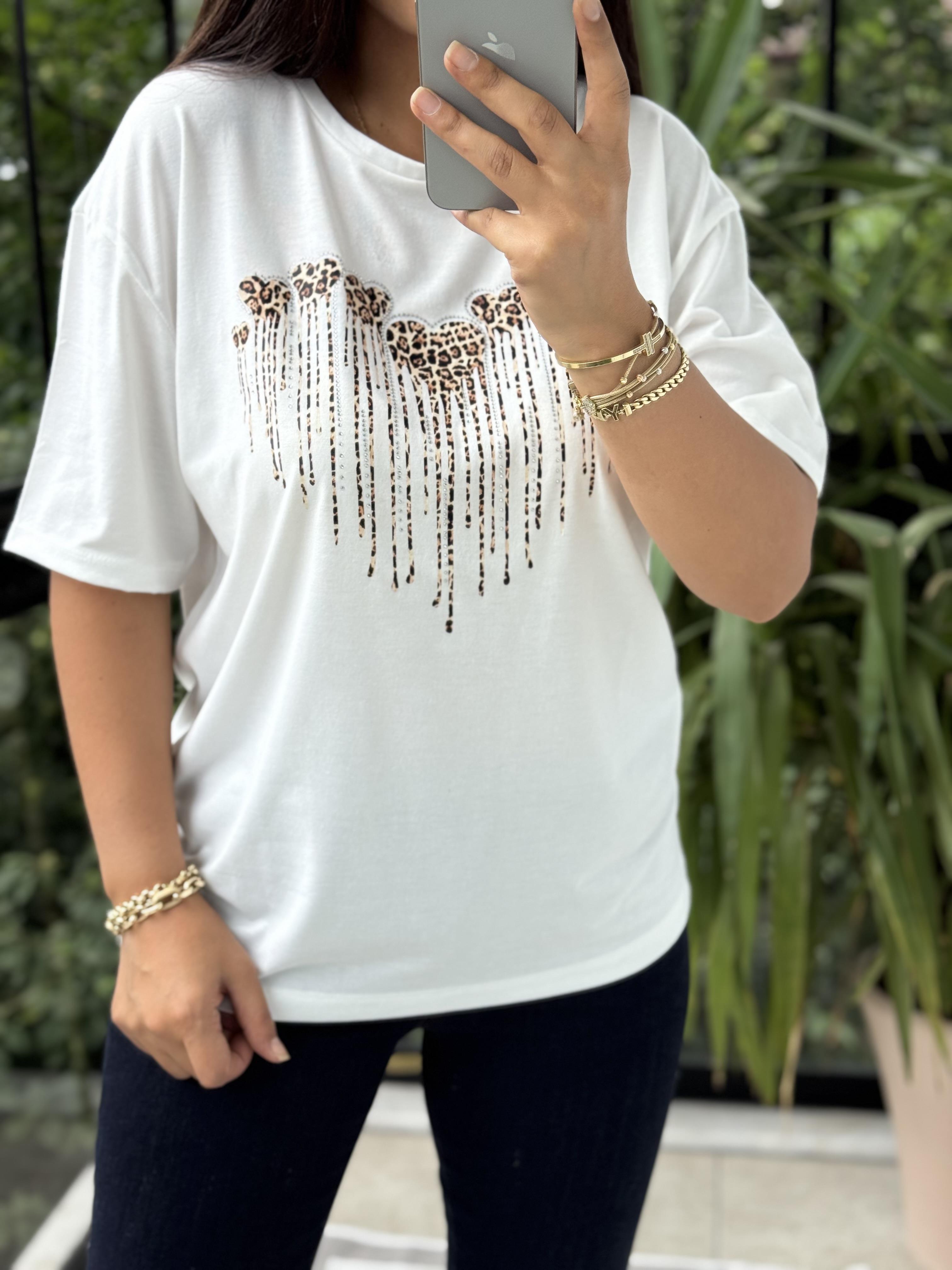 Leopar Kalpli Taşlı Tişört Ekru