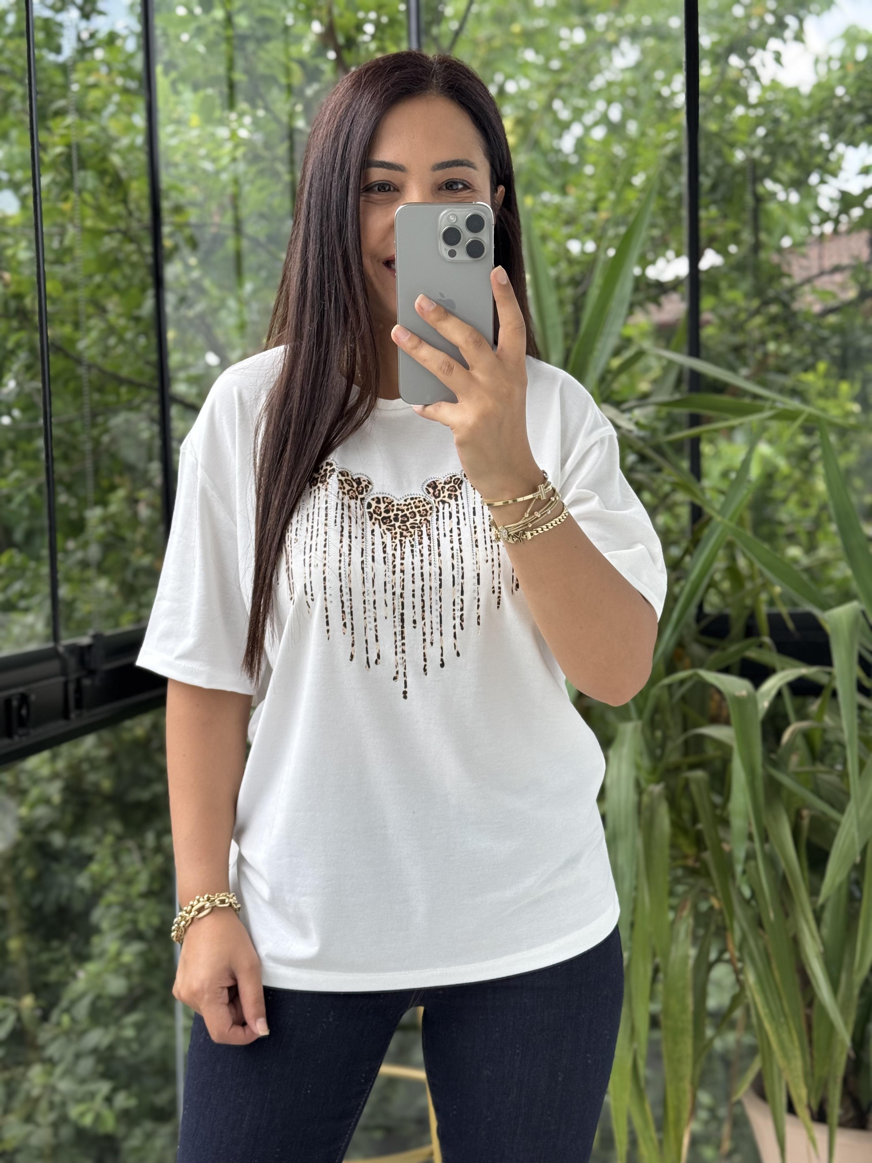 Leopar Kalpli Taşlı Tişört Ekru