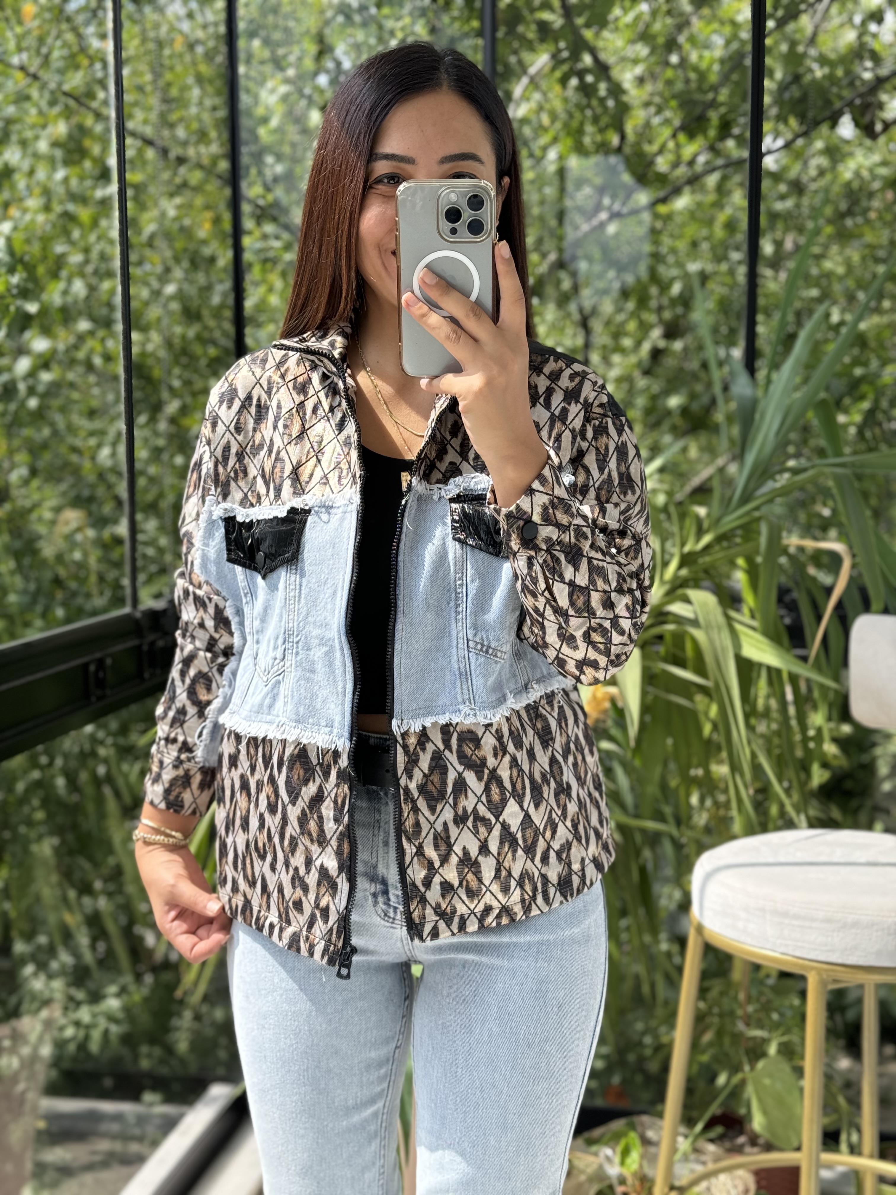 Leopar Mix Ceket Siyah