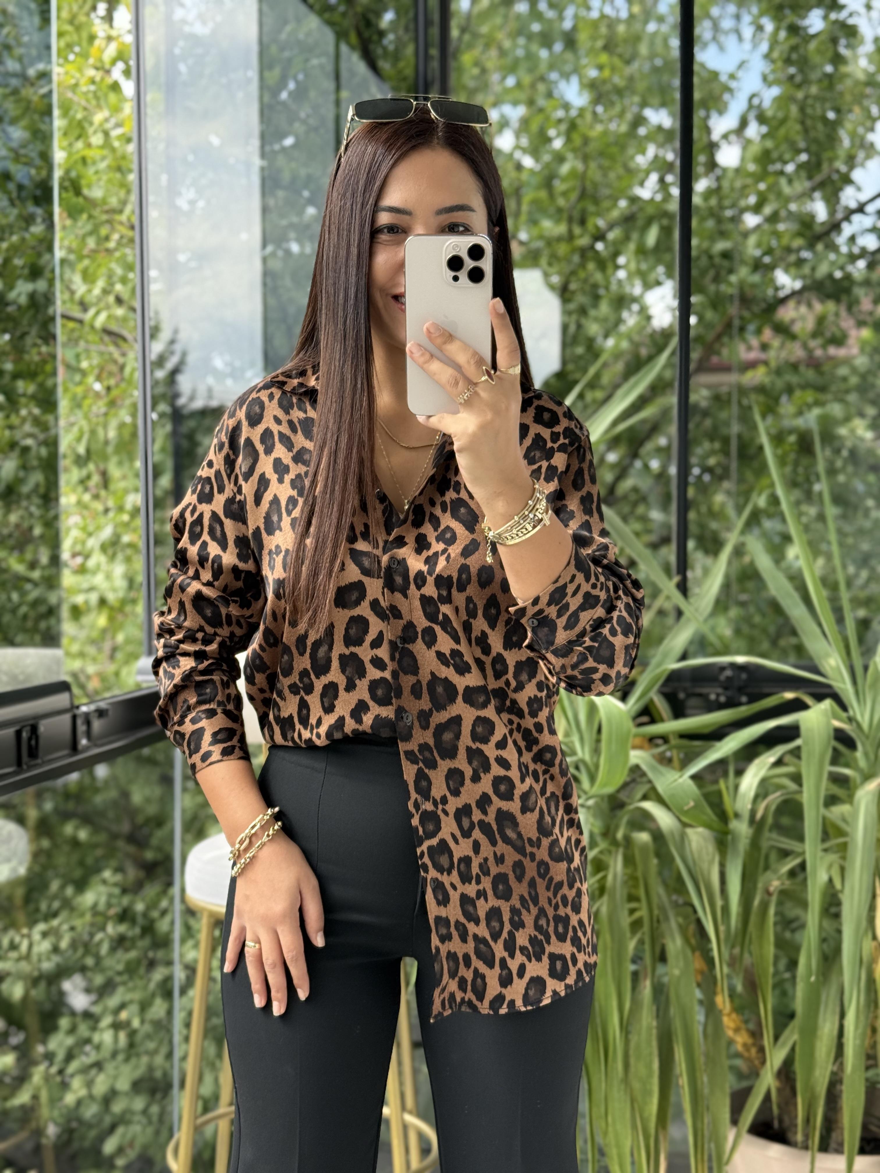 Leopar Saten Gömlek Kahve