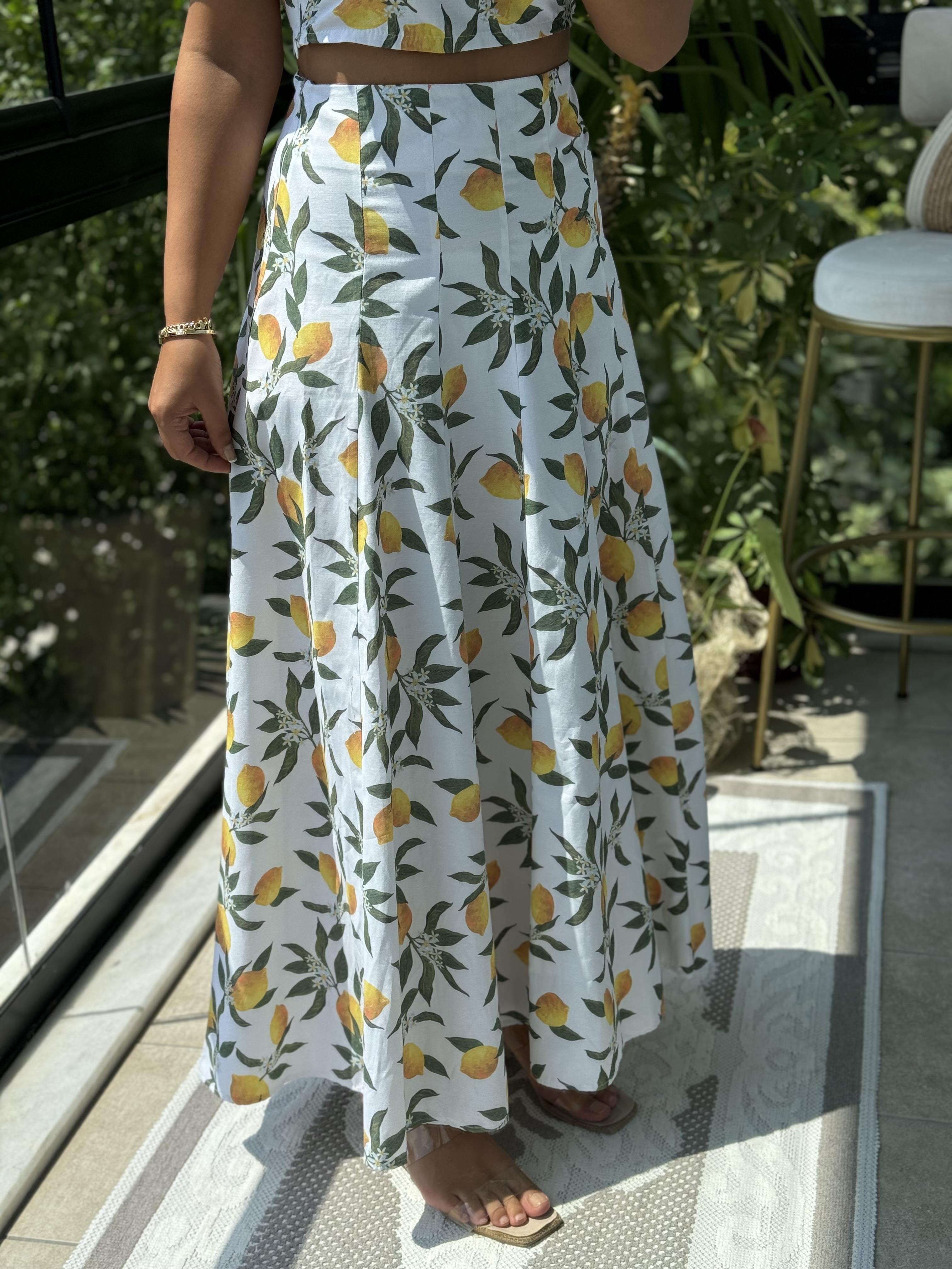 Limon Desenli Crop Etek Takım Beyaz