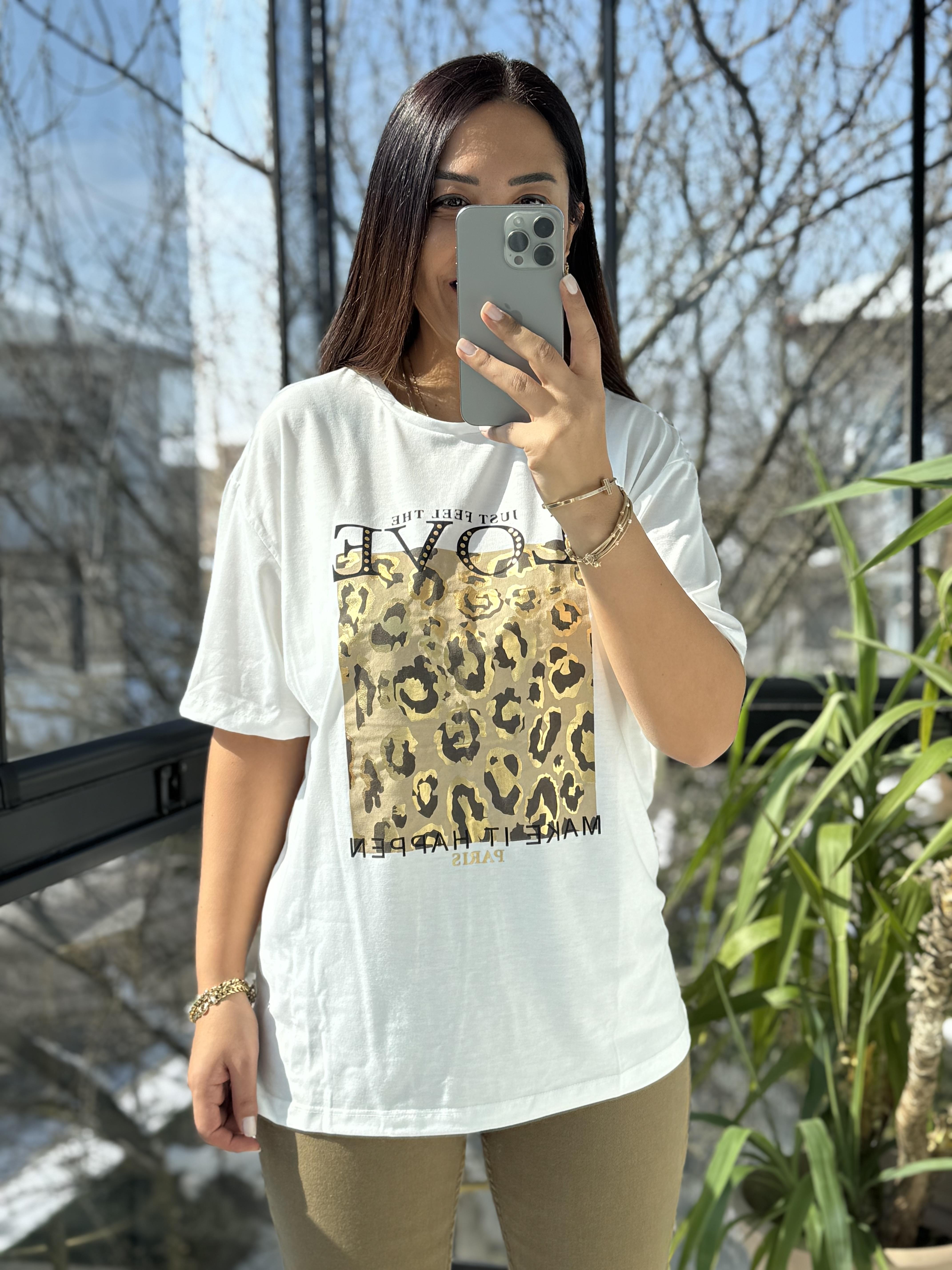 Love Leopar Desenli Tişört Beyaz