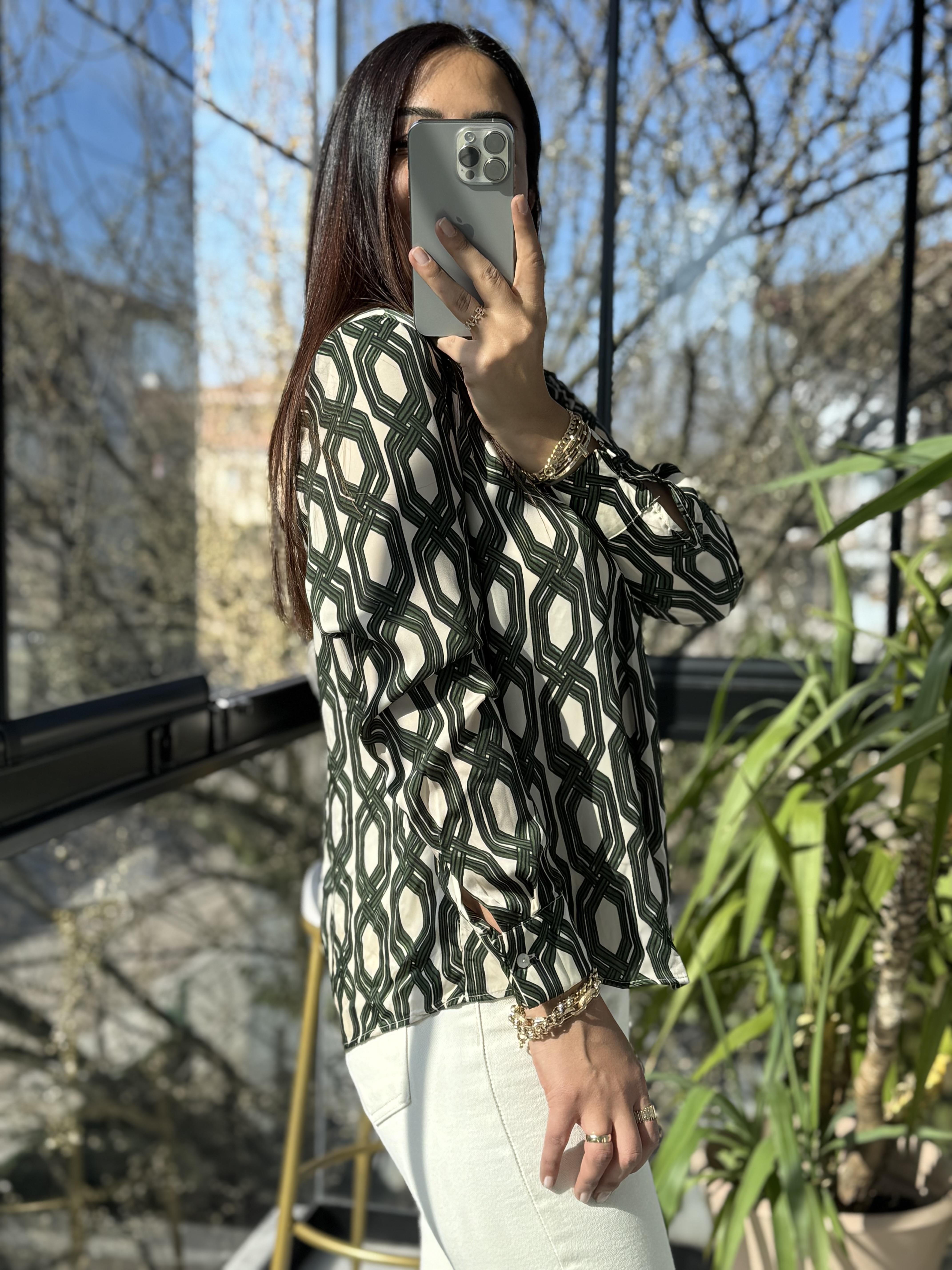 Mng Desenli Saten Gömlek Yeşil