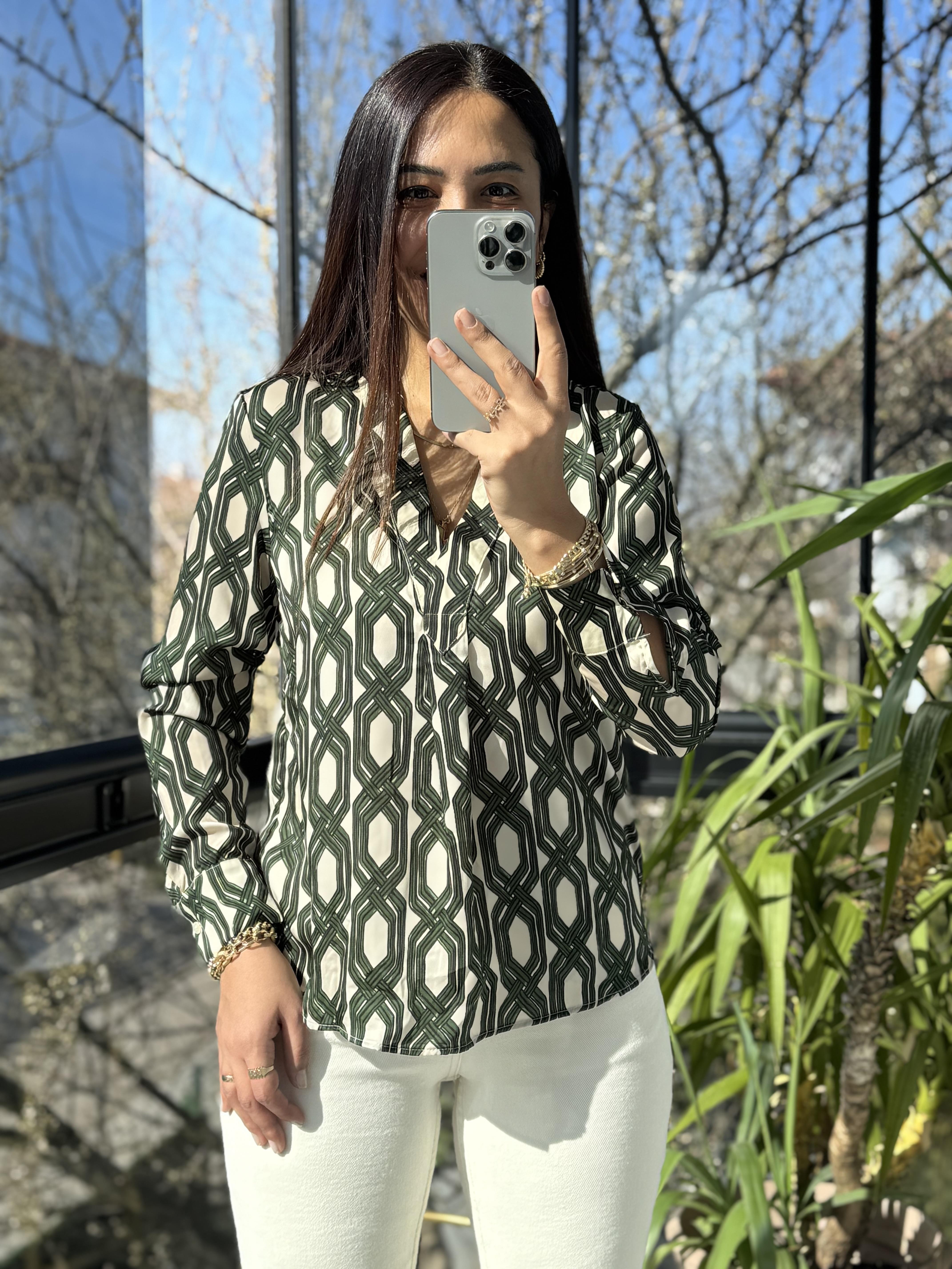 Mng Desenli Saten Gömlek Yeşil