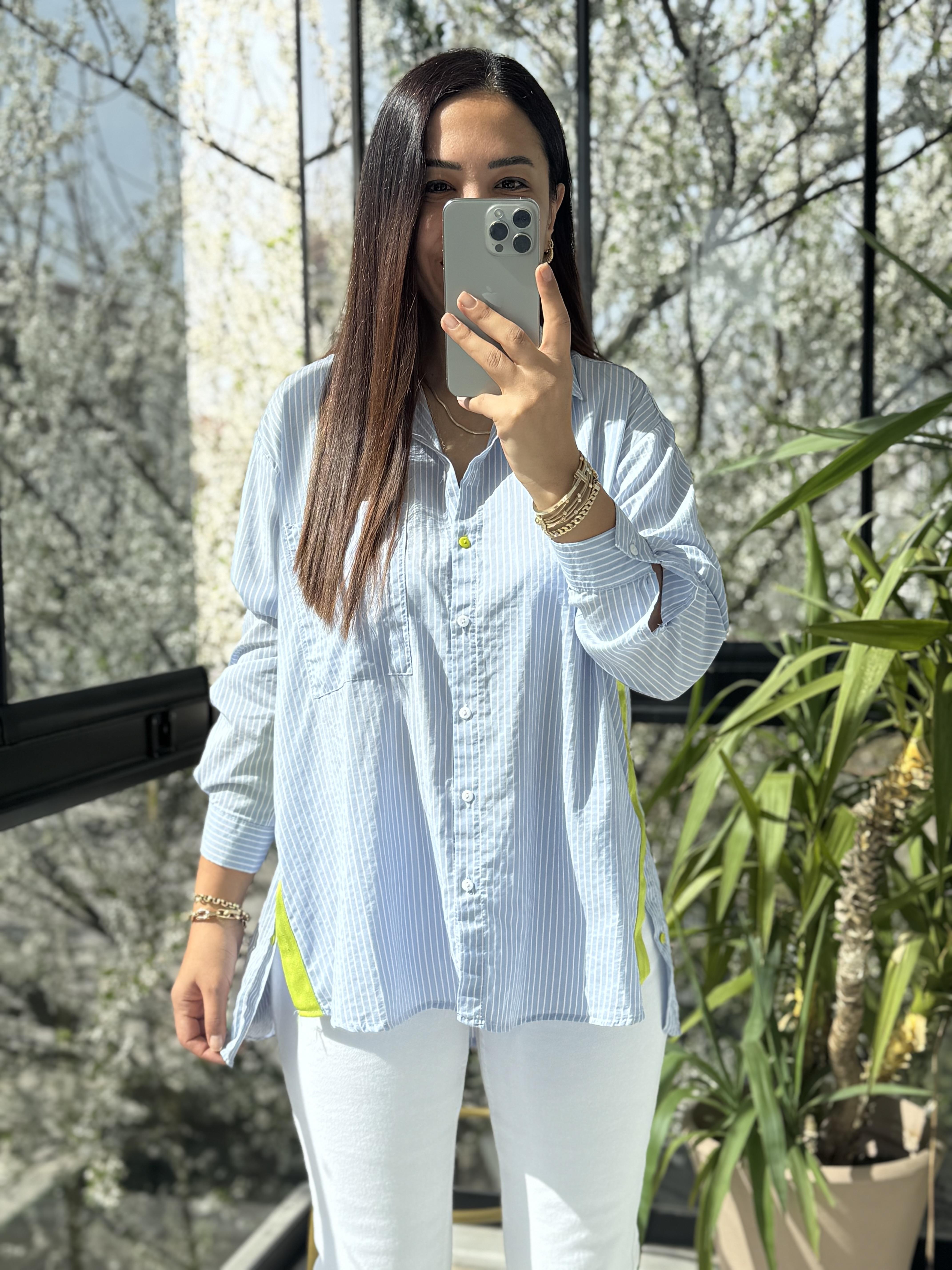 Neon Şeritli Çizgili Gömlek Mavi