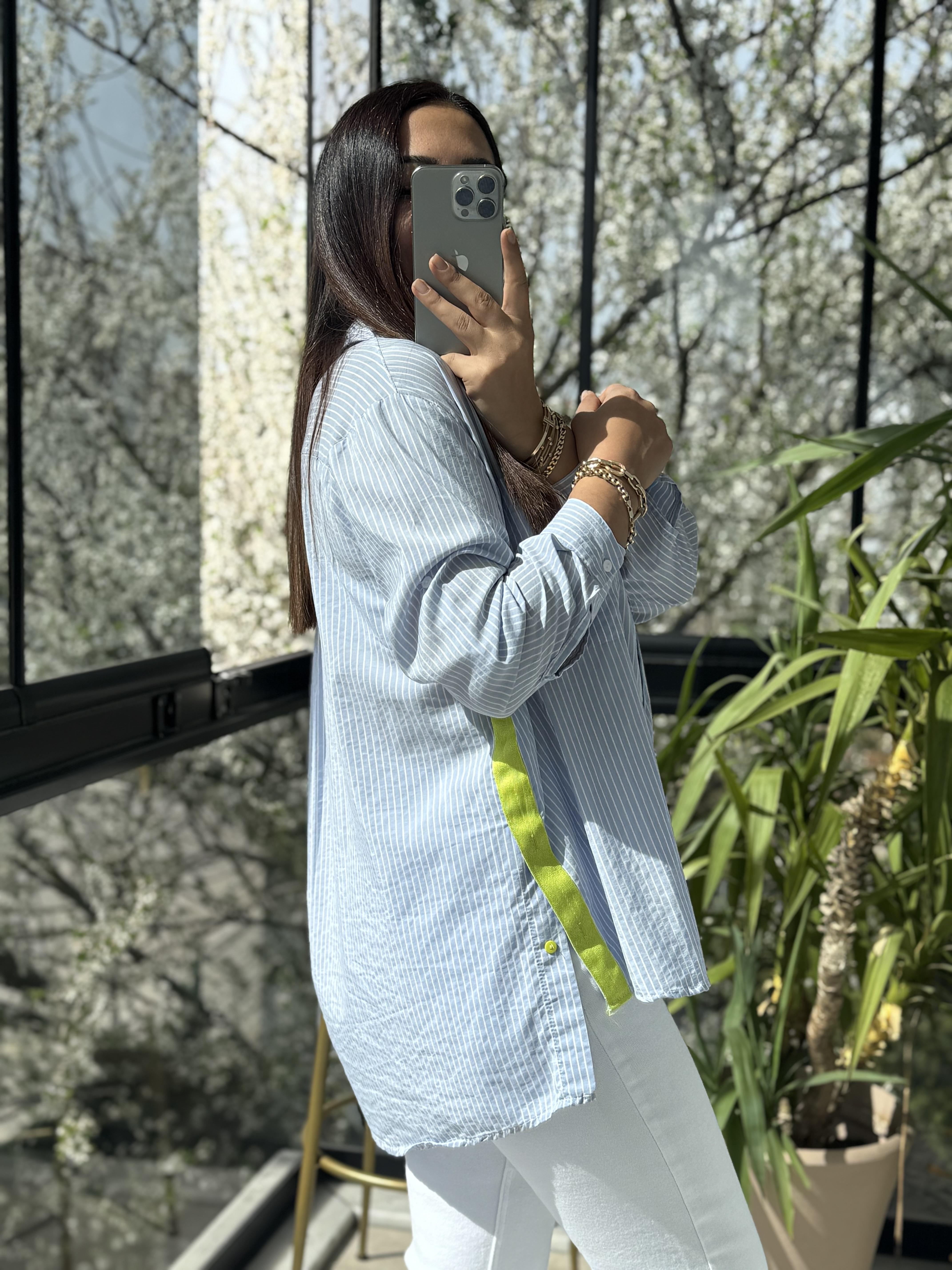 Neon Şeritli Çizgili Gömlek Mavi