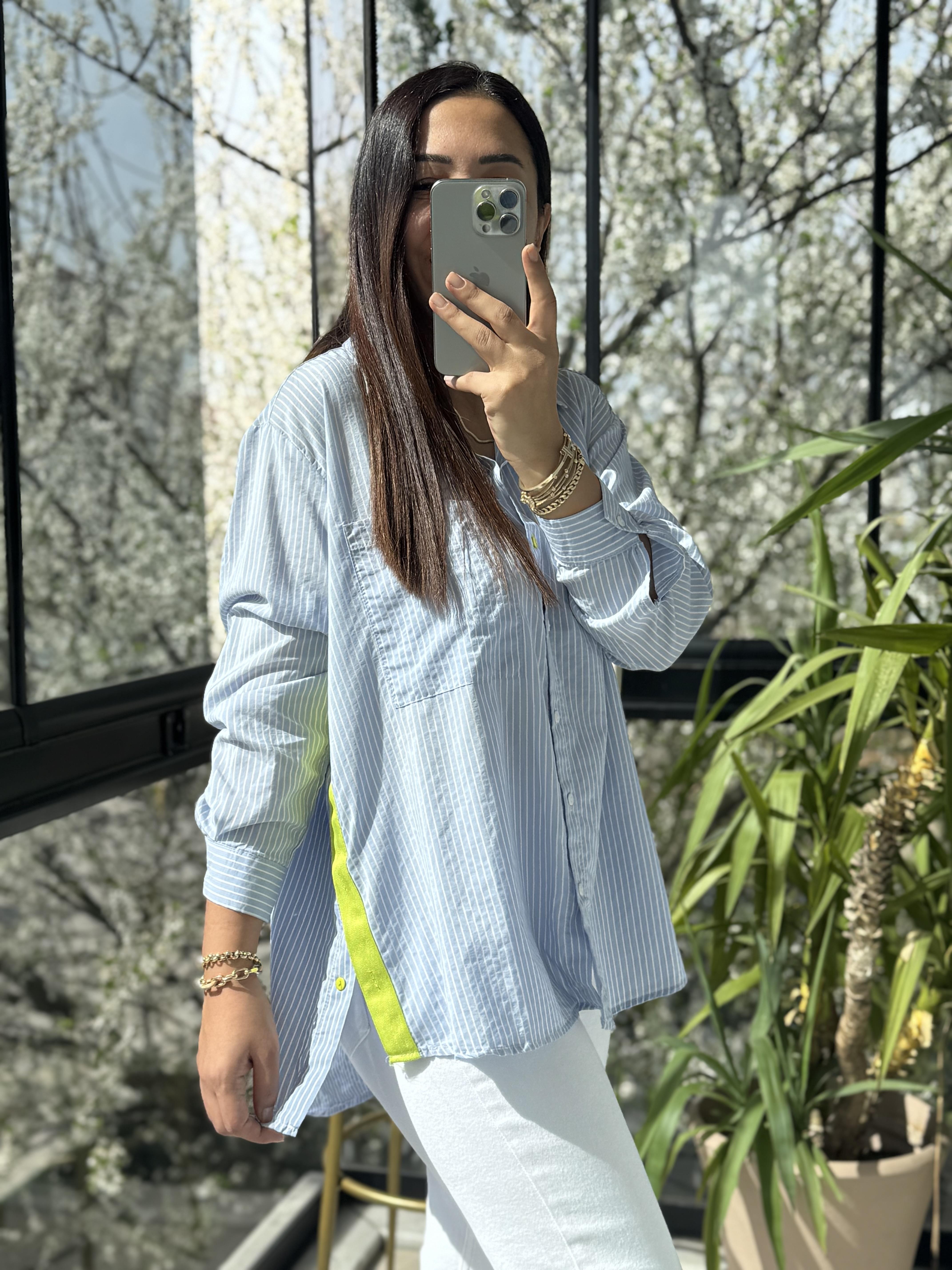 Neon Şeritli Çizgili Gömlek Mavi