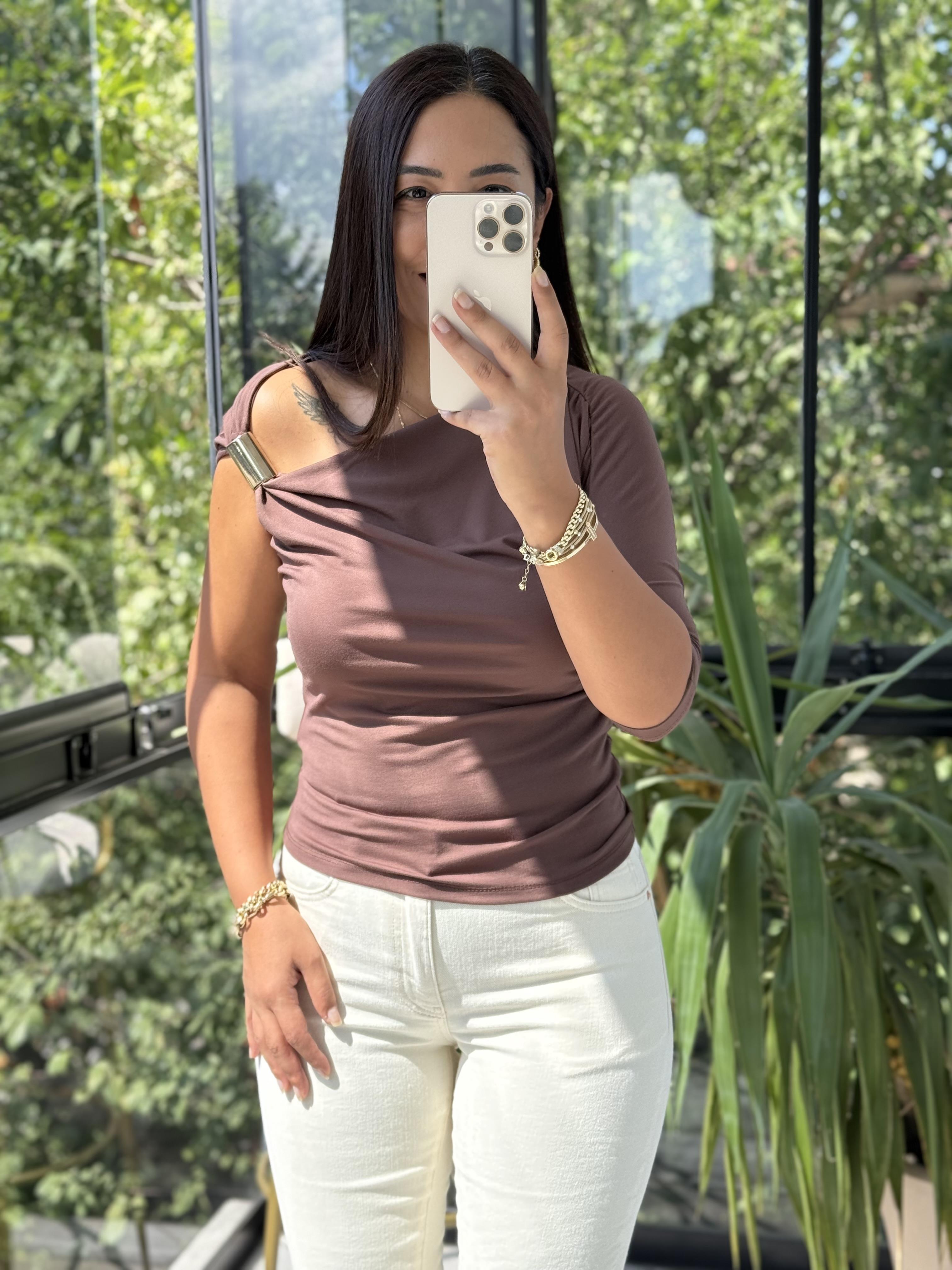 Omuz Detaylı Sandy Bluz Kahve