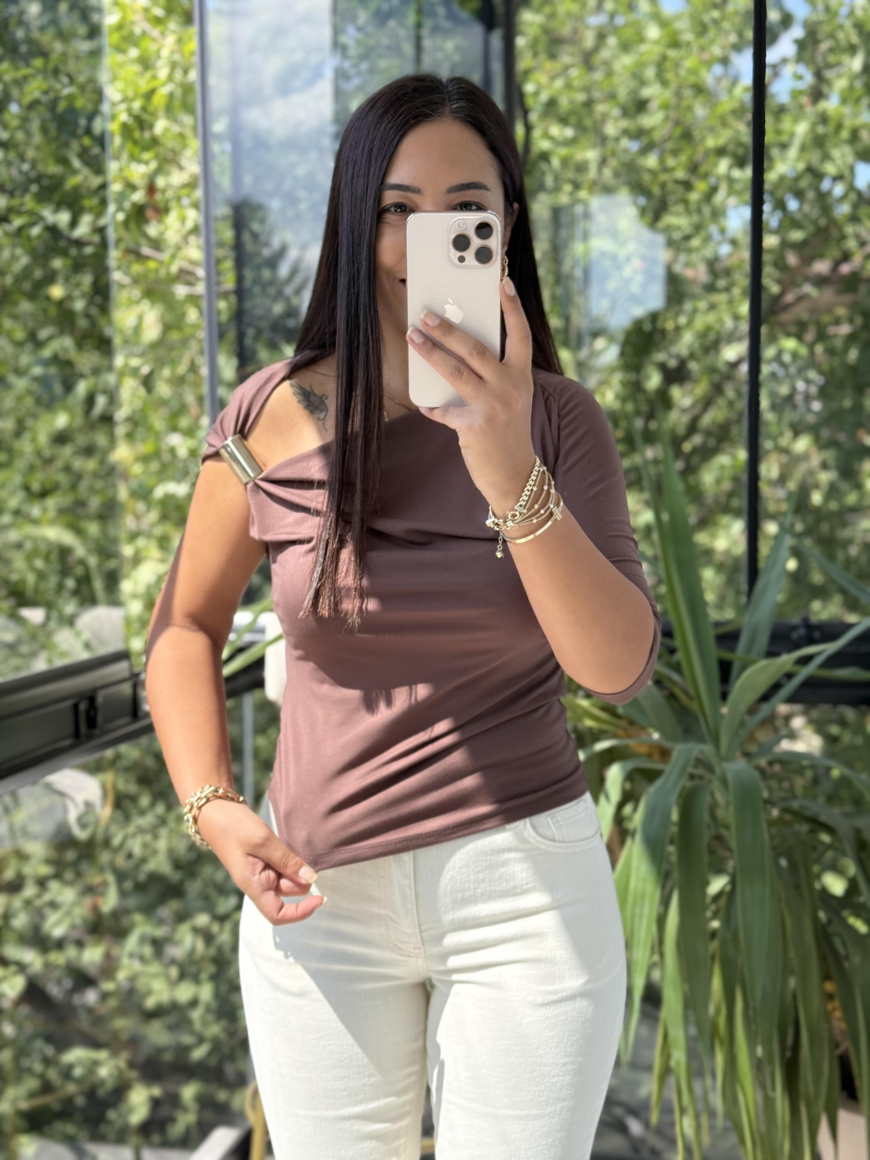 Omuz Detaylı Sandy Bluz Kahve